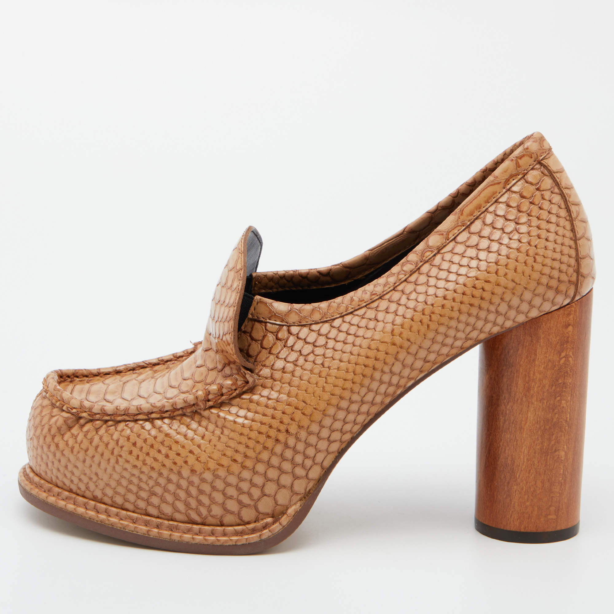 Pre Owned Stella McCartney Tan Snakeskin Embossed Leather Loafer Pumps Size 39