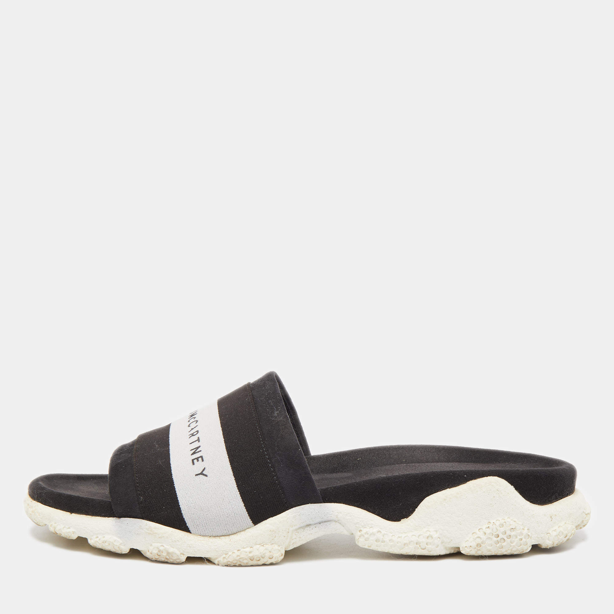 Stella McCartney Black/White Faux Suede And Canvas Logo Flat Slides Size 38