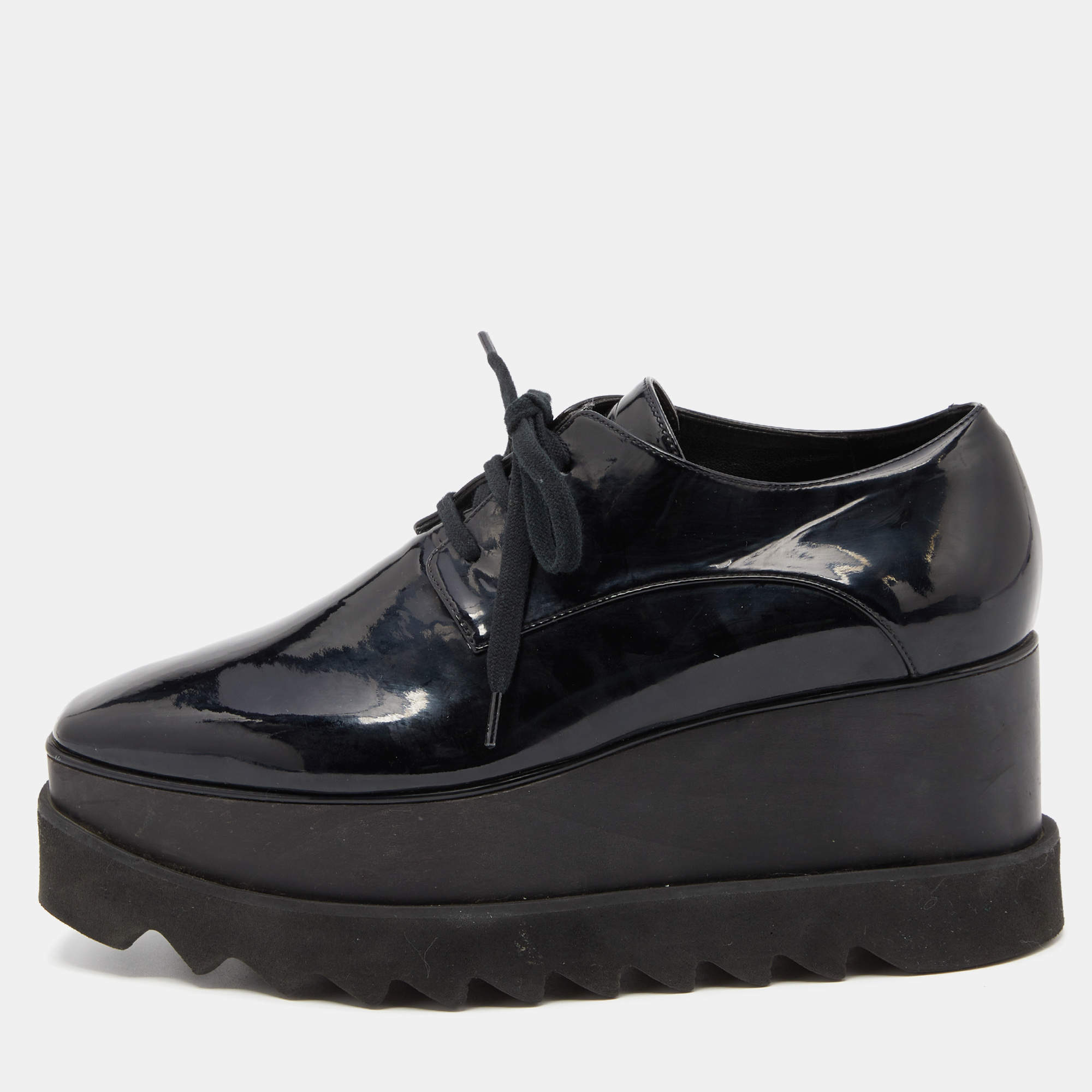 Pre Owned Stella McCartney Black Faux Patent Leather Elyse Platform Derby Size 38