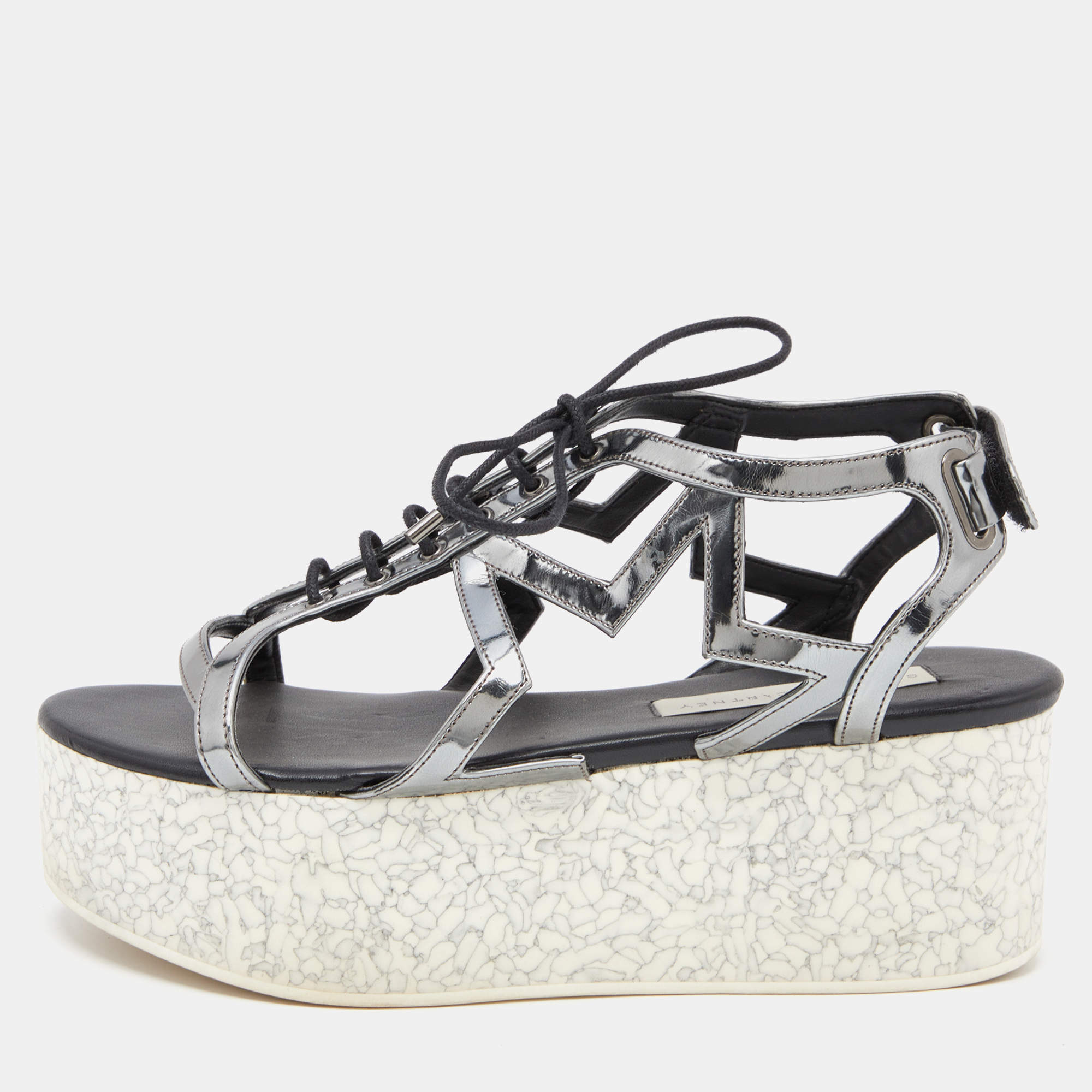 Stella McCartney Metallic Grey Faux Leather Hackney Platform Sandals Size 39