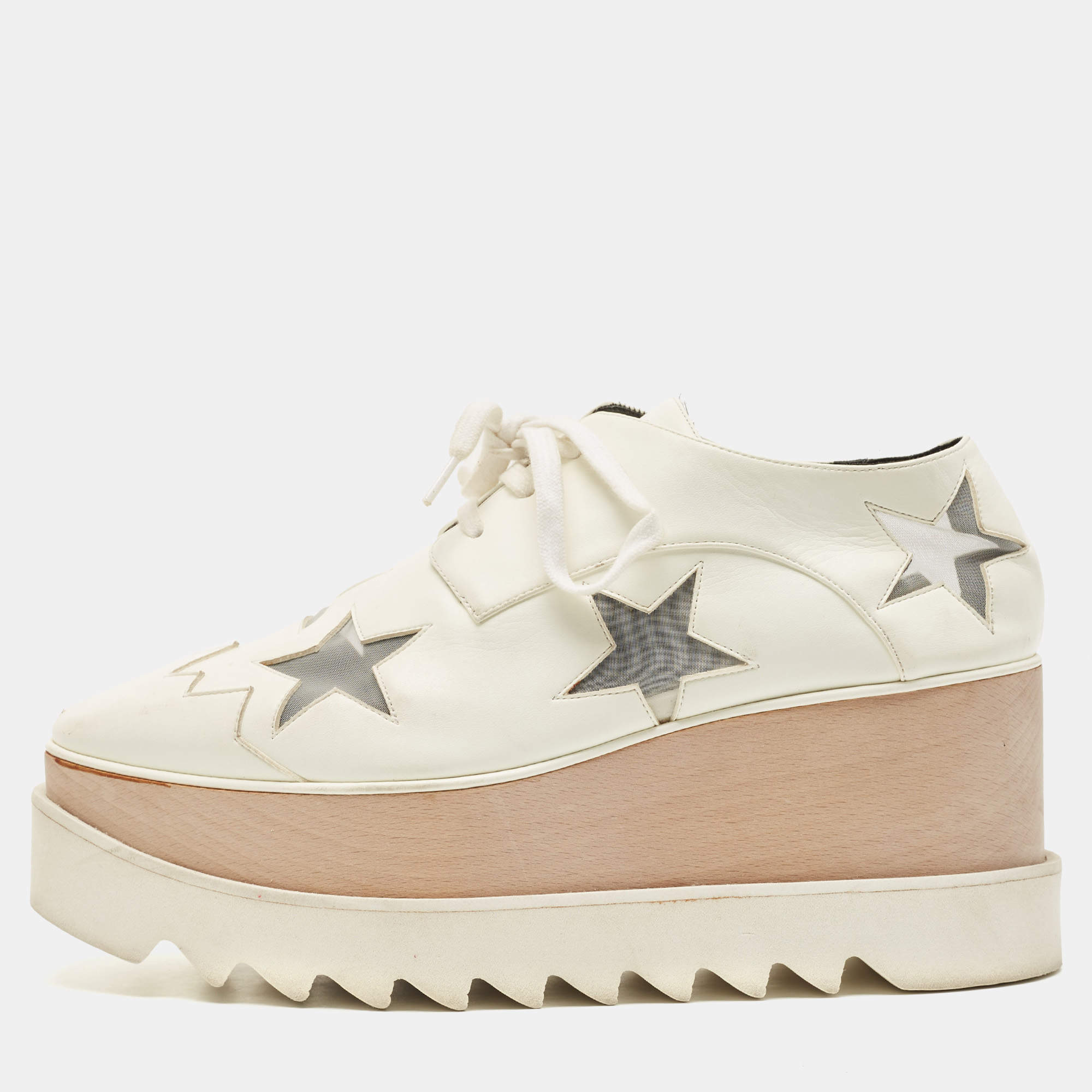 Pre Owned Stella McCartney White Faux Leather and Mesh Elyse Star Platform Derby Sneakers Size 38