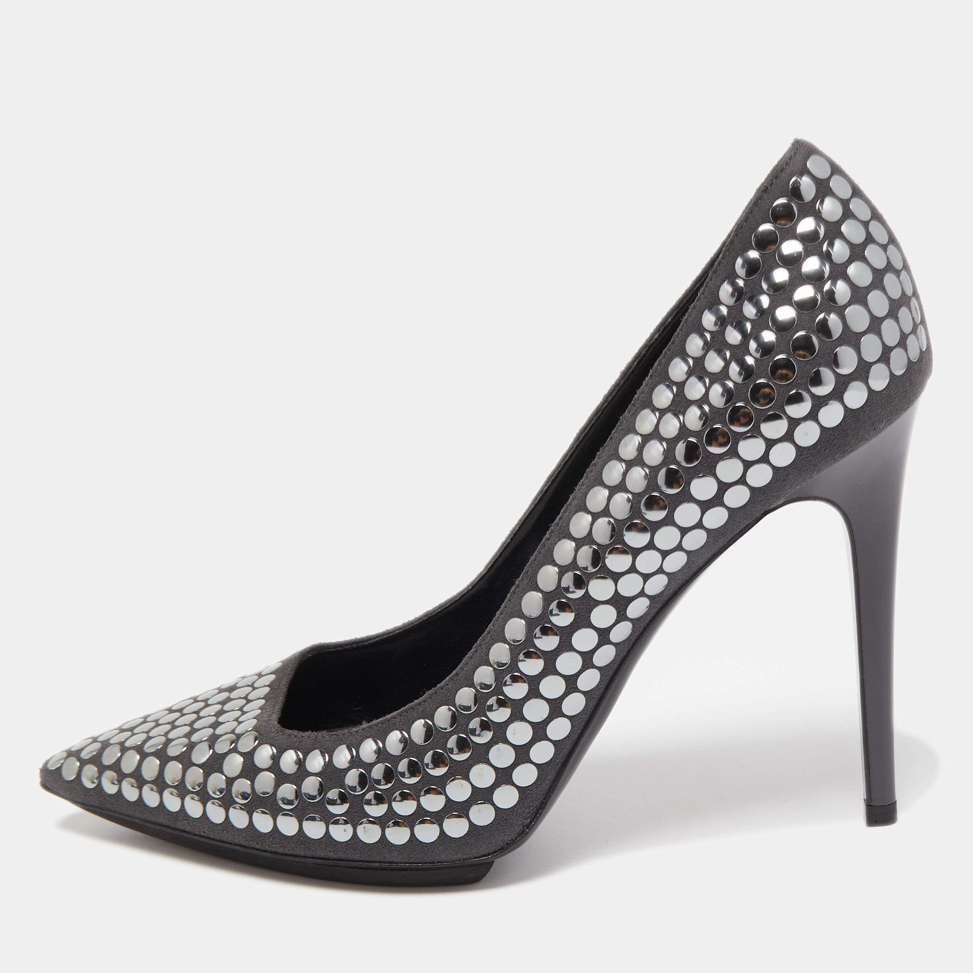 Pre Owned Stella McCartney Grey Studded Faux Suede Pointed Toe Pumps Size 38