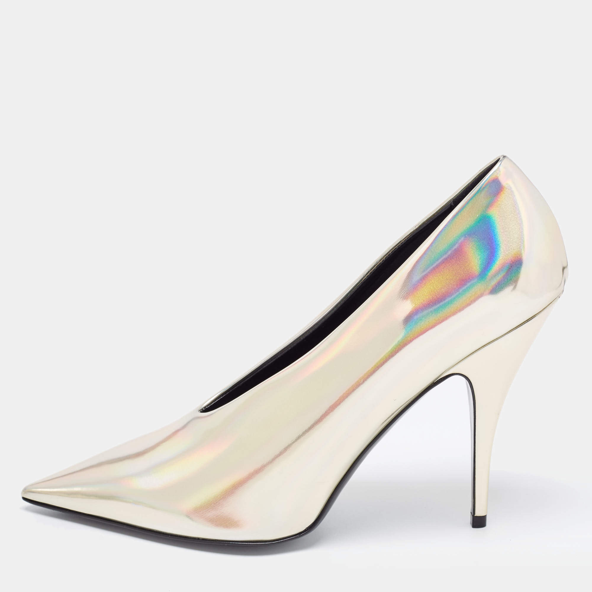 Stella McCartney Iridescent Faux Patent Leather V Neck Pointed Toe Pumps Size 40.5