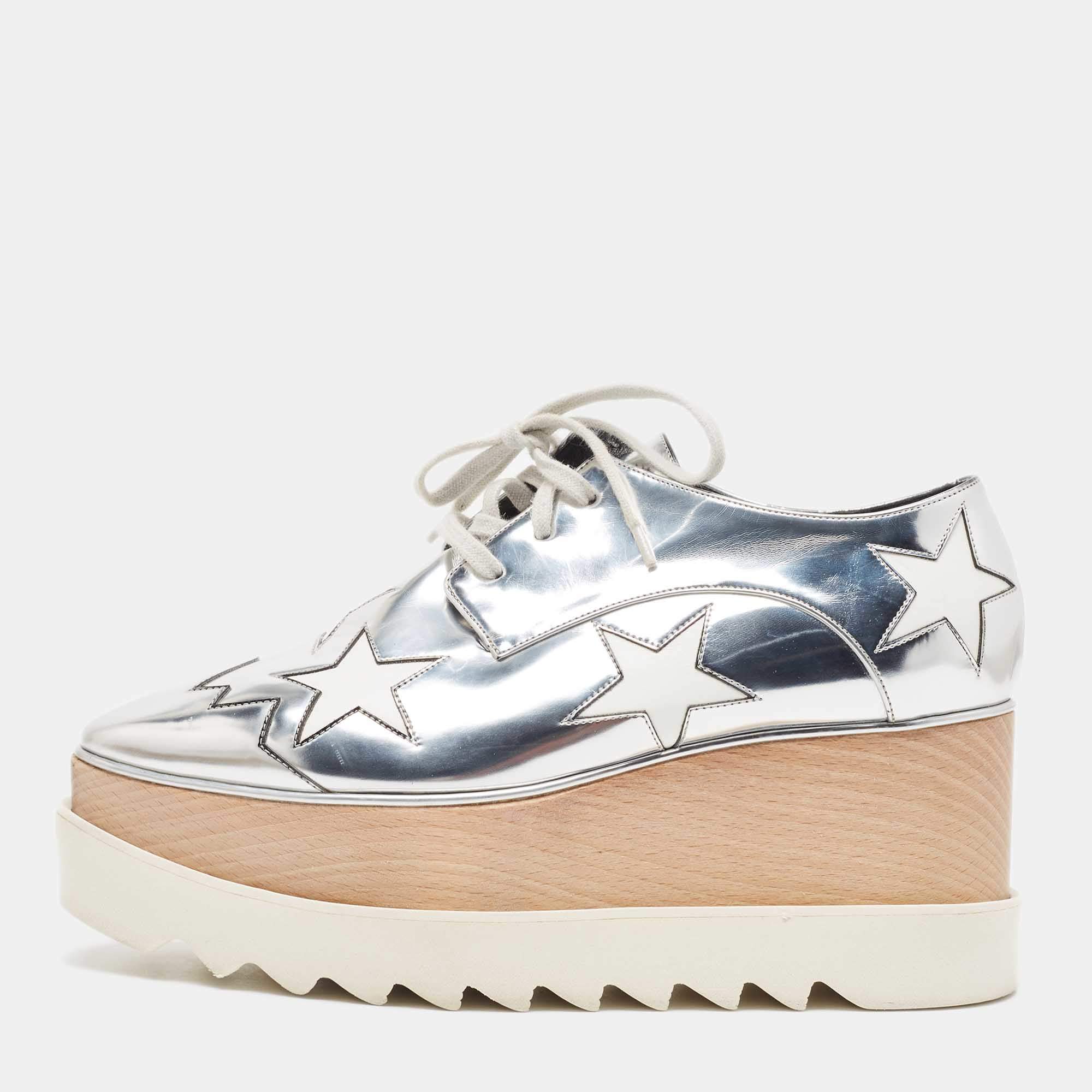 Pre Owned Stella McCartney Silver Faux Leather Elyse Star Derby Size 38