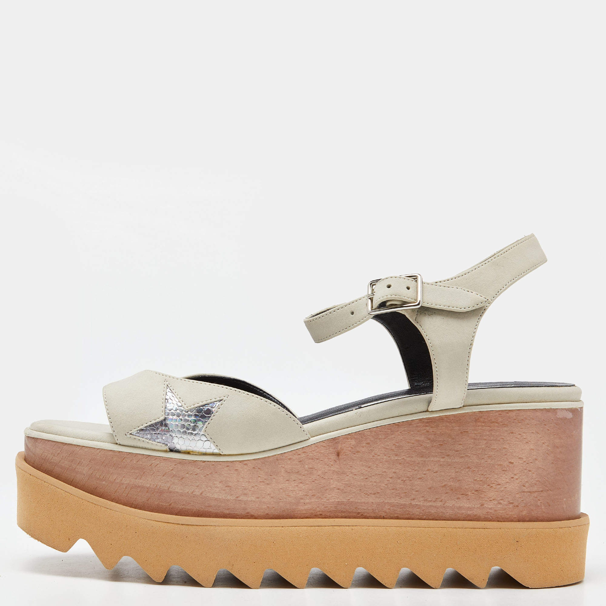 Stella McCartney Off White/Silver Faux Leather Elyse Star Platform Ankle Strap Sandals Size 38
