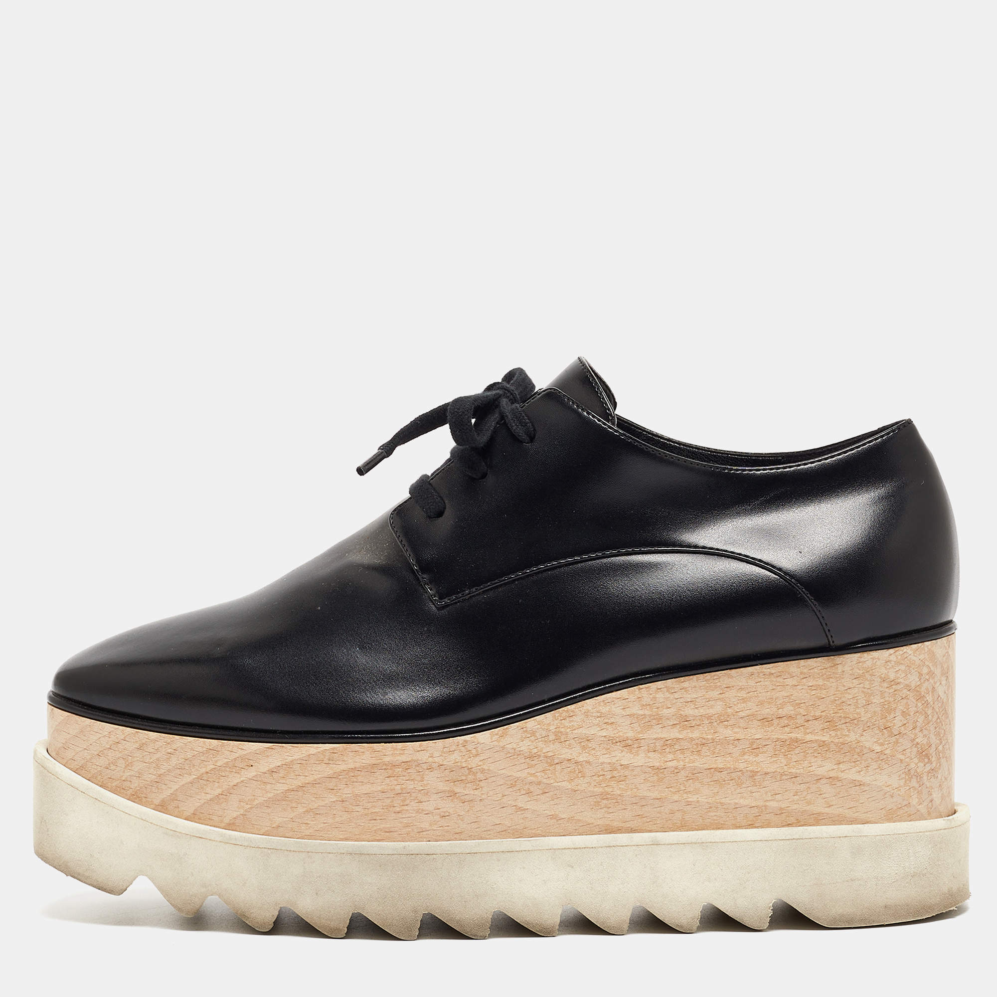 Pre Owned Stella McCartney Black Faux Leather Elyse Derby Sneakers Size 37.5