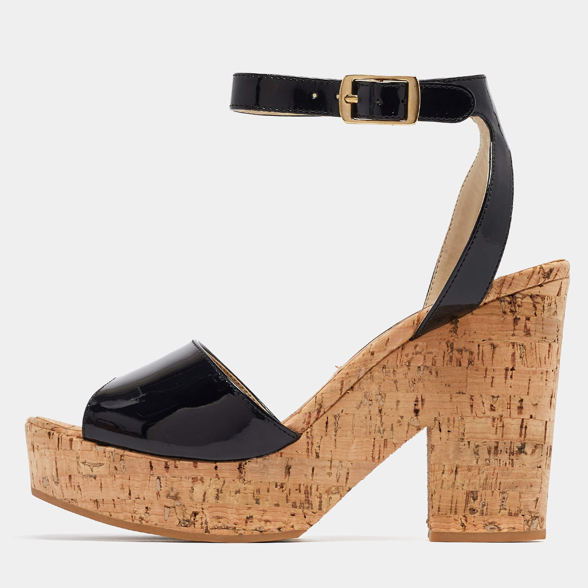 Stella McCartney Black Faux Patent And Cork Platform Ankle Strap Sandals Size 38