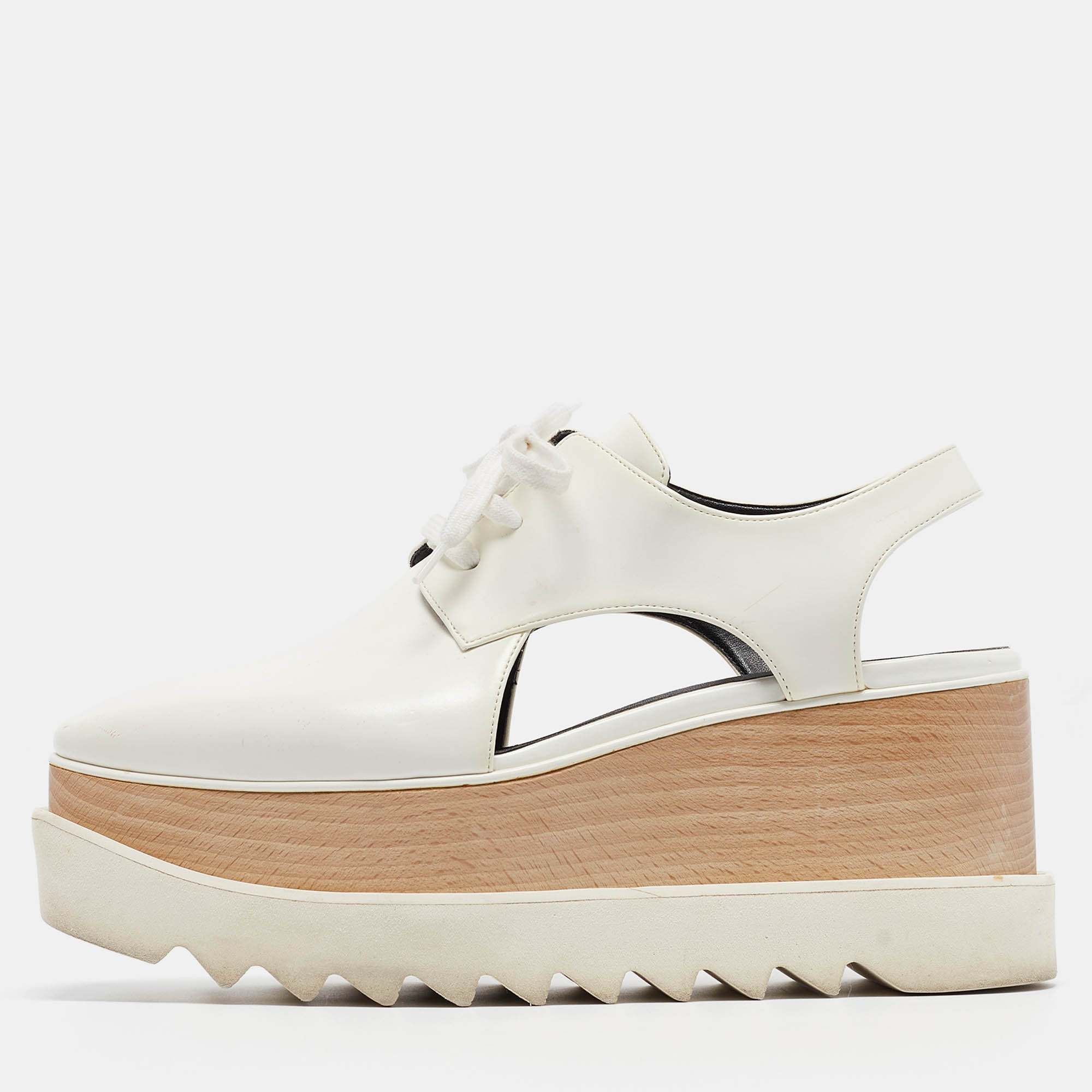Stella McCartney White Faux Leather Elyse Cut-Out Platform Derby Size 38
