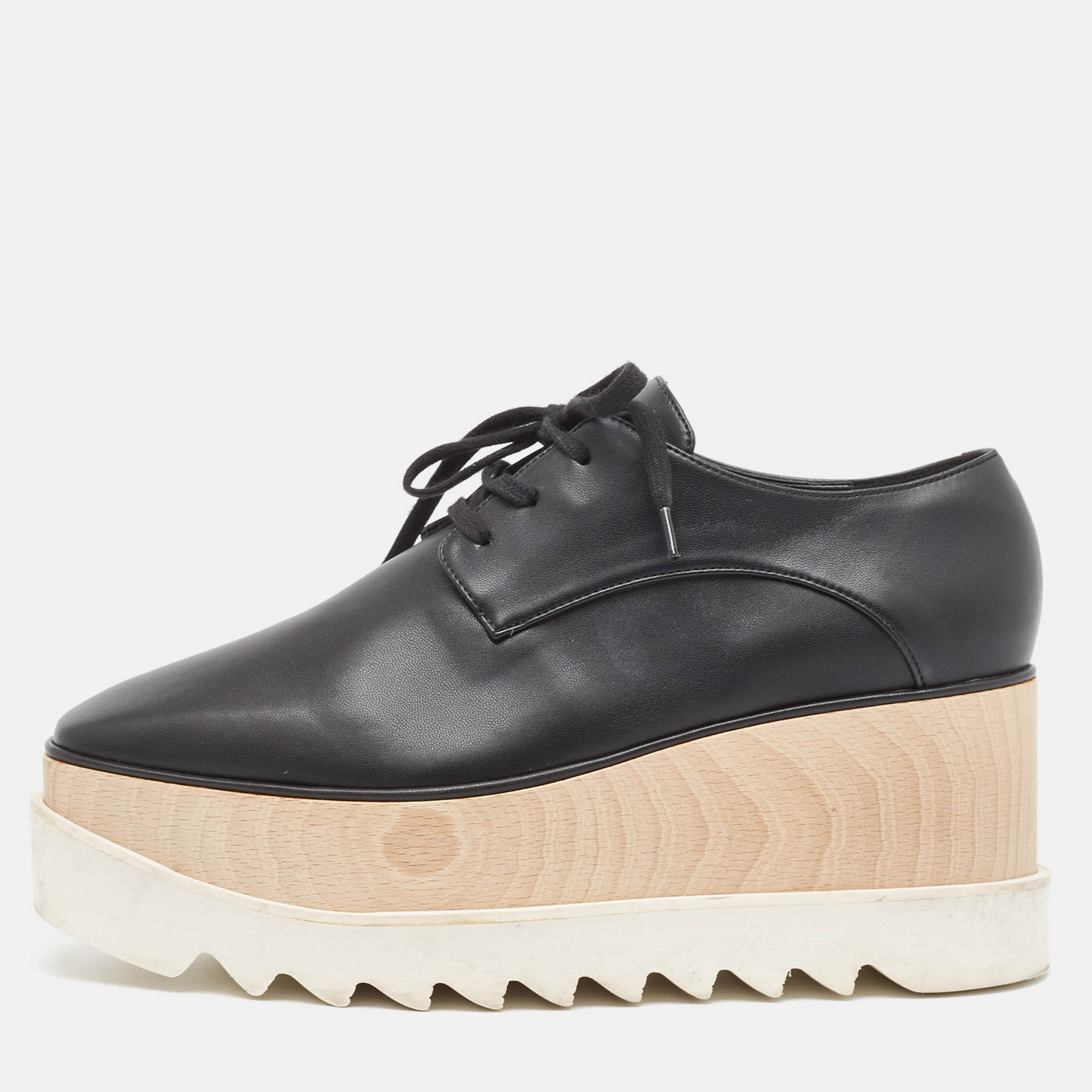 Pre Owned Stella McCartney Black Faux Leather Elyse Derby Sneakers Size 38.5