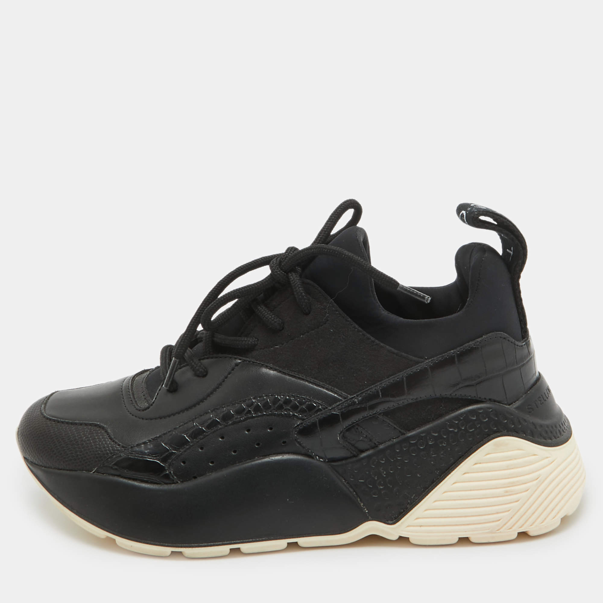 Pre Owned Stella McCartney Black Faux Leather and Neoprene Eclypse Sneakers Size 35