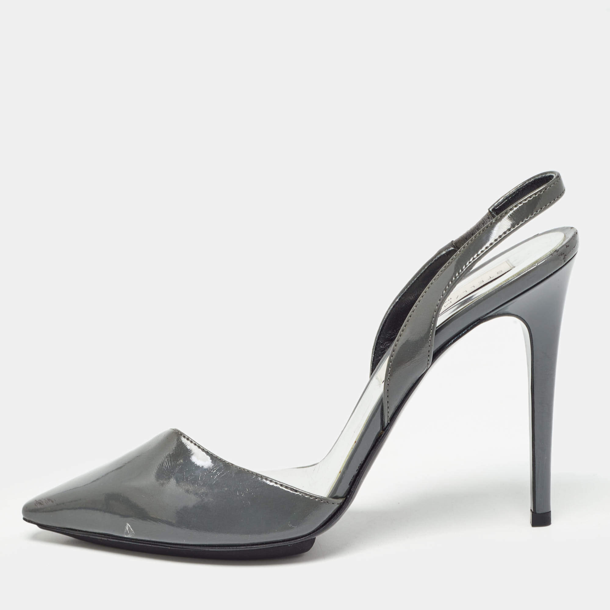 Pre Owned Stella McCartney Grey Faux Patent Leather Slingback Pumps Size 36.5