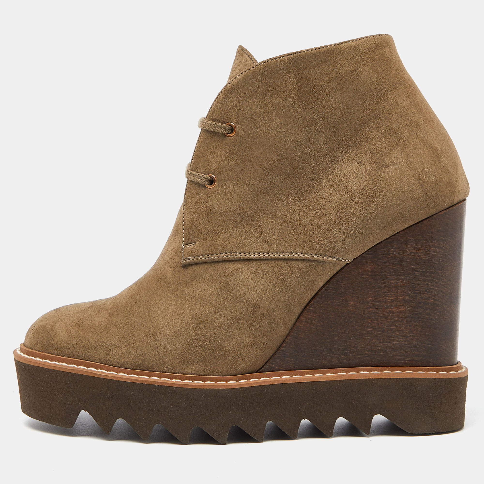 Pre Owned Stella McCartney Olive Green Faux Suede Leana Wedge Boots Size 39