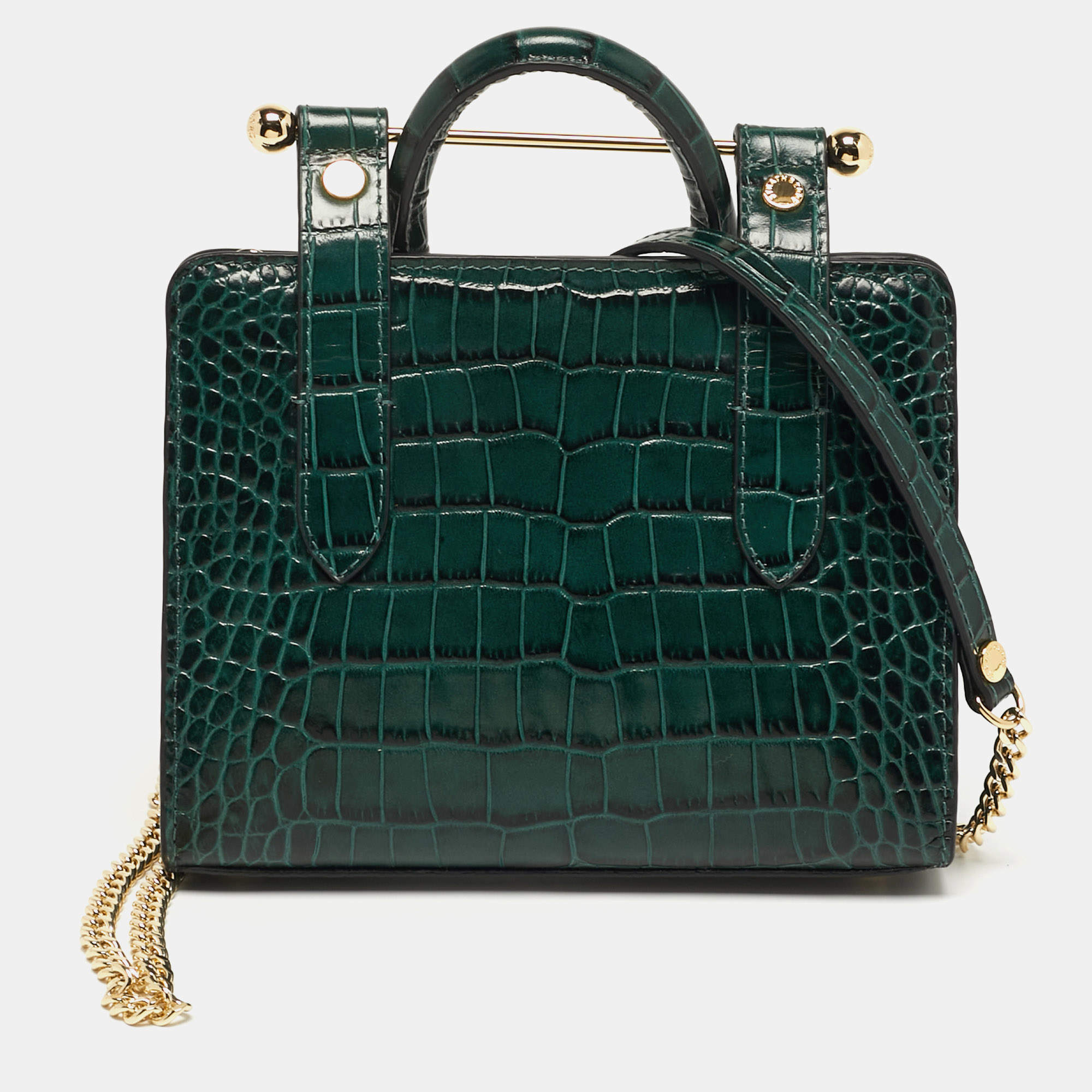 Pre Owned Strathberry Midi Nano Green Croc Embossed Leather Tote