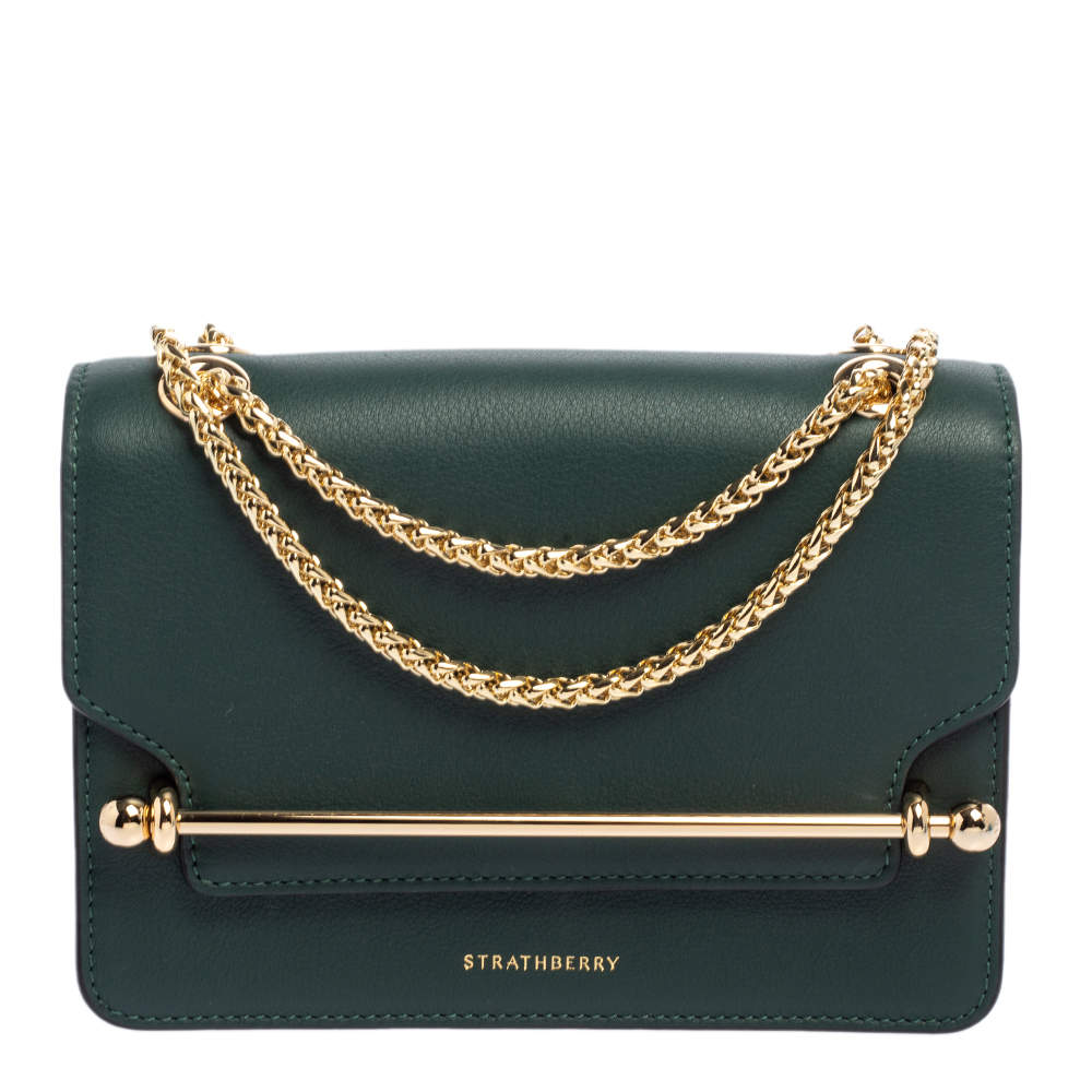 Pre Owned Strathberry Green Leather Mini East/west Leather Crossbody Bag