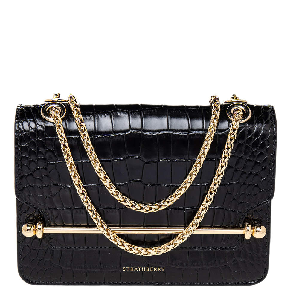 مملوكة مسبقًا Strathberry Black Croc Embossed Leather Mini East/West Crossbody Bag