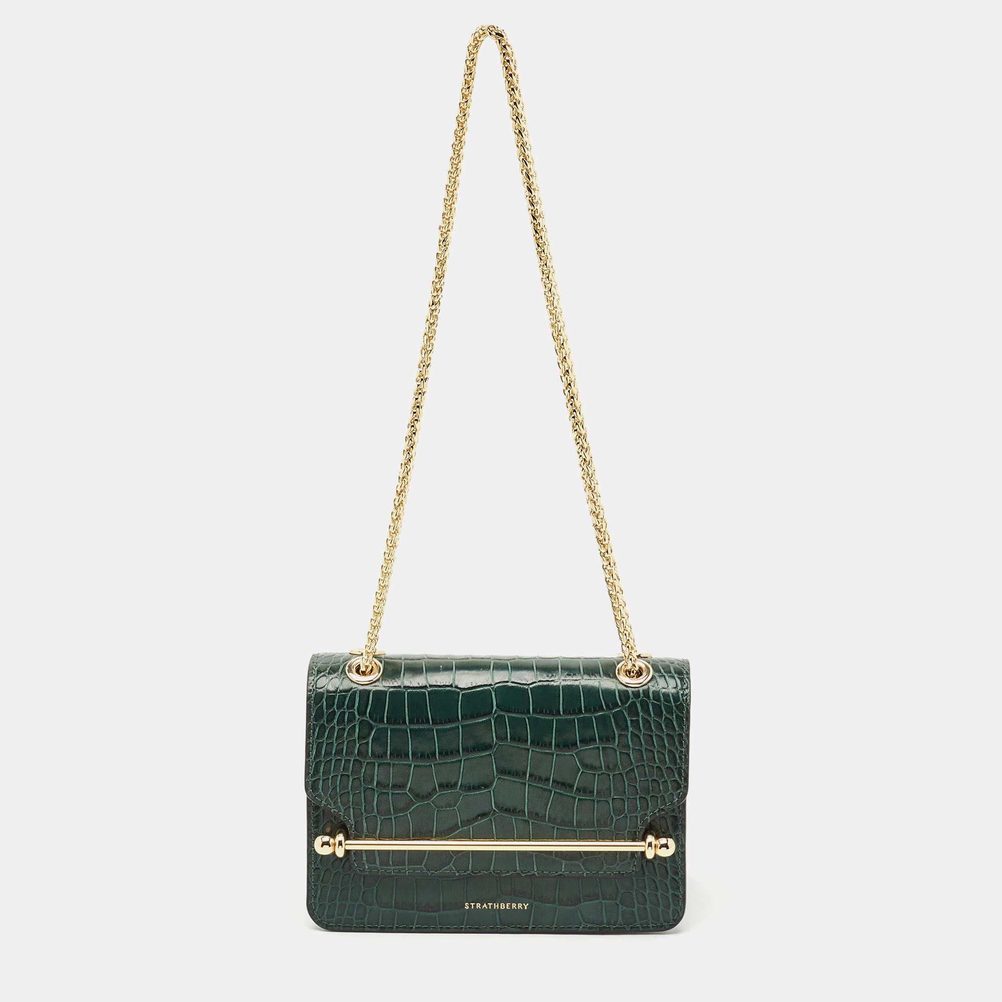 Pre Owned Strathberry Green Croc Embossed Leather East/West Mini Shoulder Bag