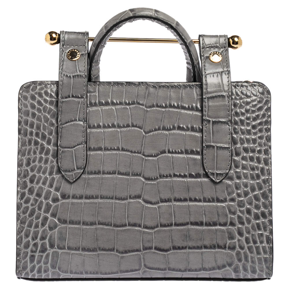 Pre Owned Strathberry Grey Croc Embossed Leather Nano Tote Shoulder Bag