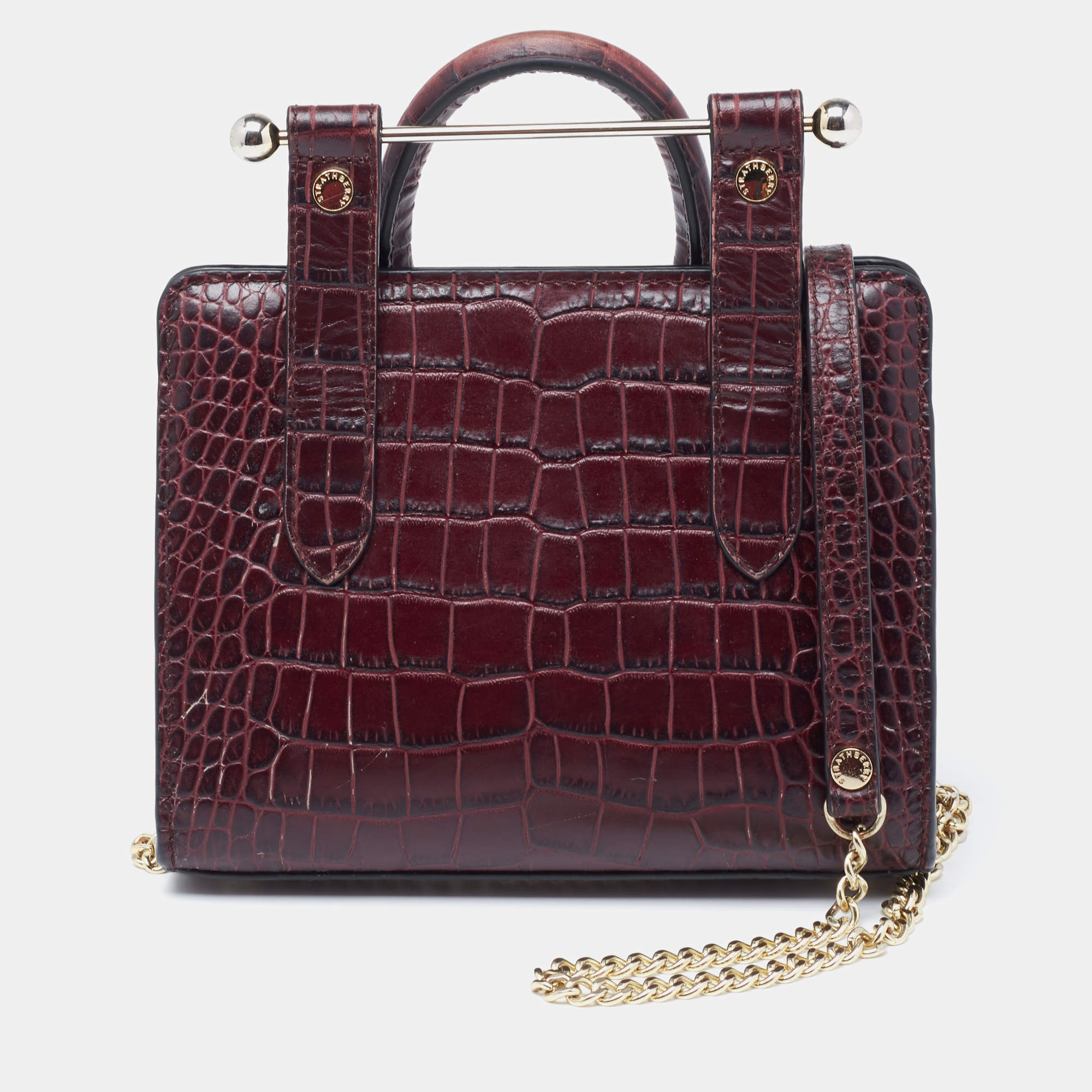 Strathberry Burgundy Croc Embossed Leather Nano Midi Tote