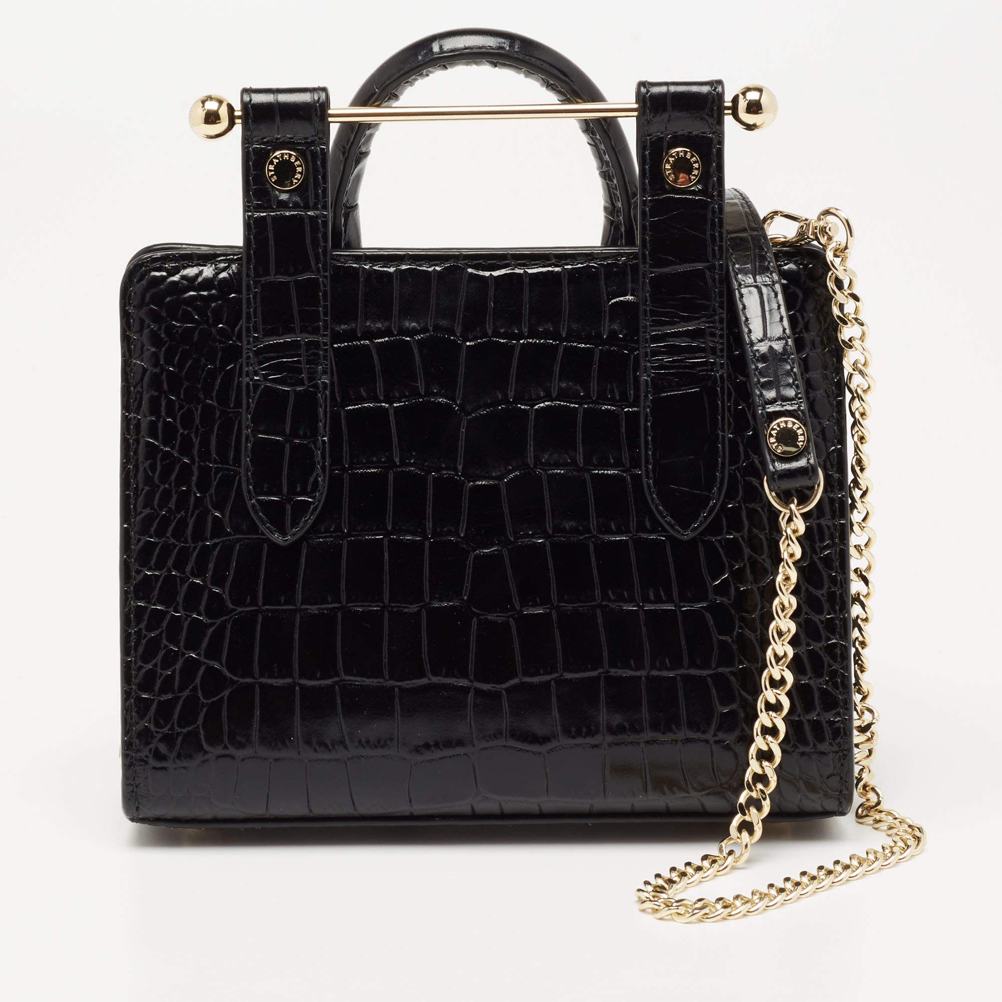 Strathberry Black Croc Embossed Leather Nano Tote