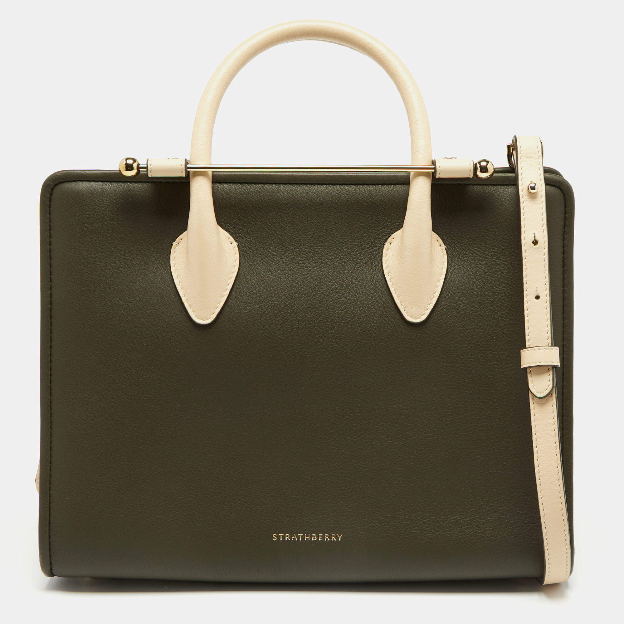 Pre Owned Strathberry Olive Green/Beige Leather Midi Tote