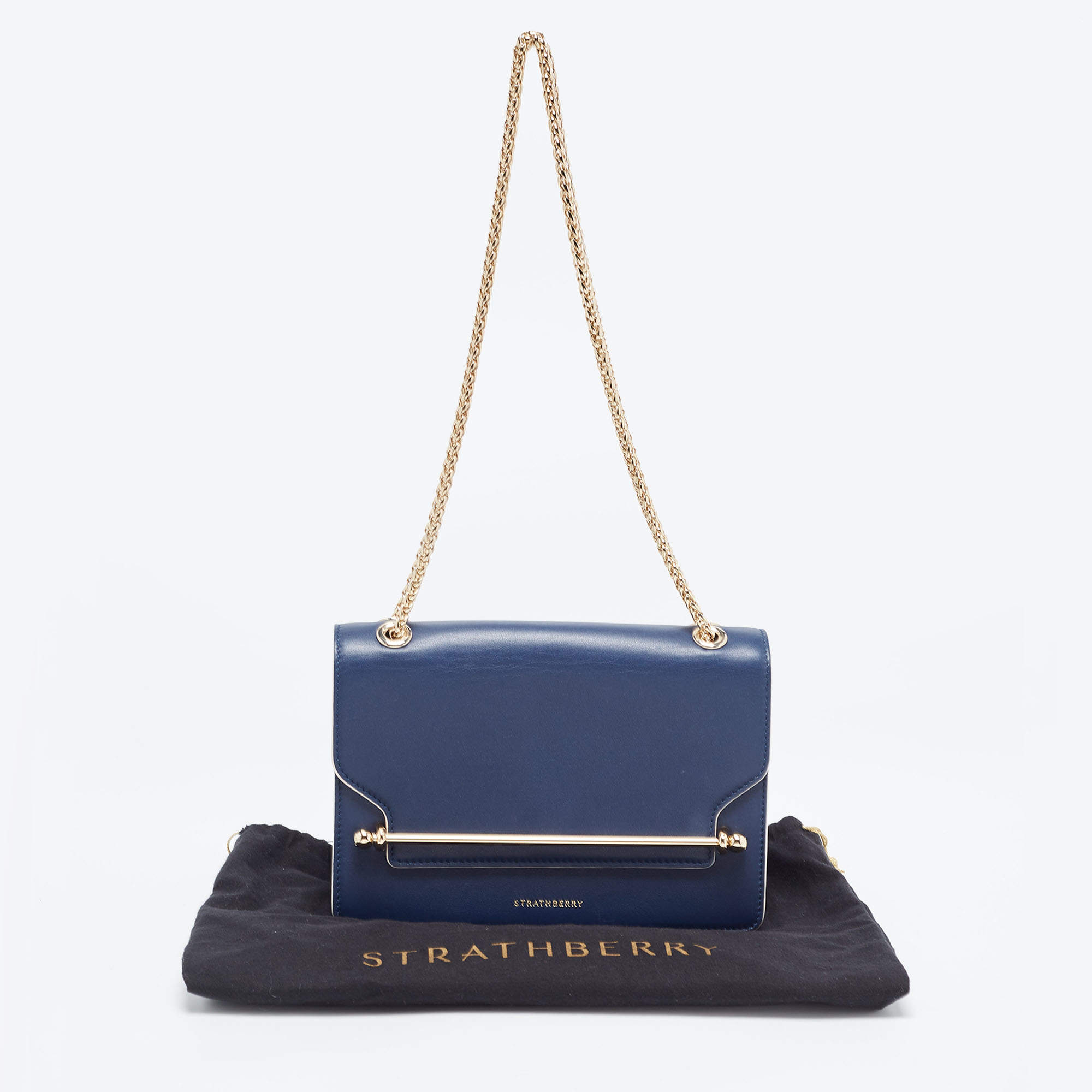 Strathberry Navy Blue Leather East West Shoulder Bags Strathberry