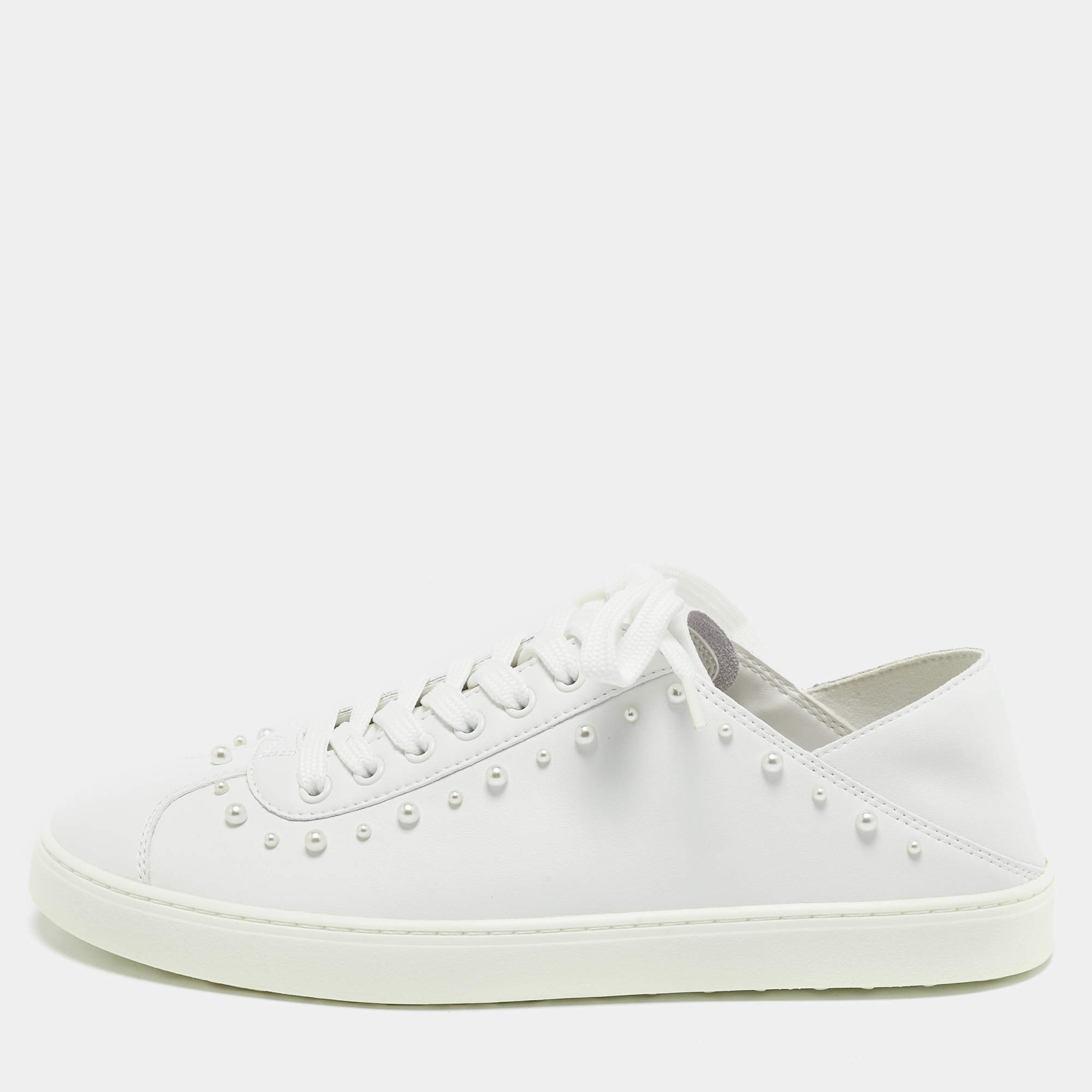 Stuart Weitzman White Leather Pearlstud Convertible Sneakers Size 39.5