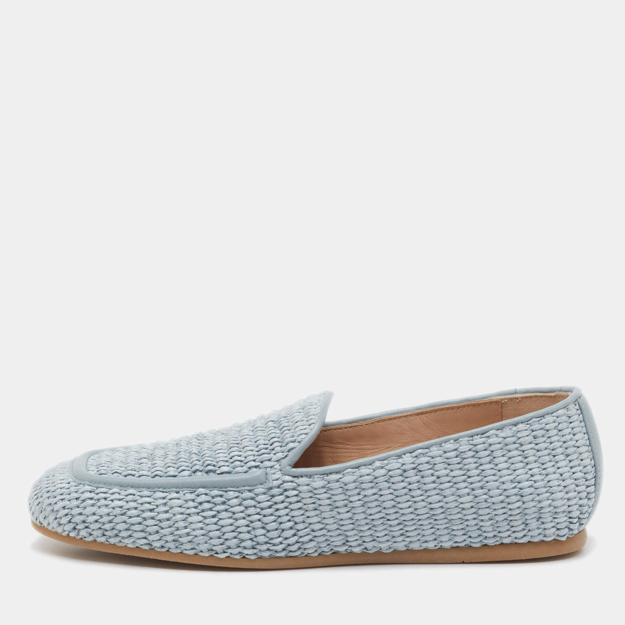 Pre Owned Stuart Weitzman Blue Raffia and Leather Smoking Slippers Size 37