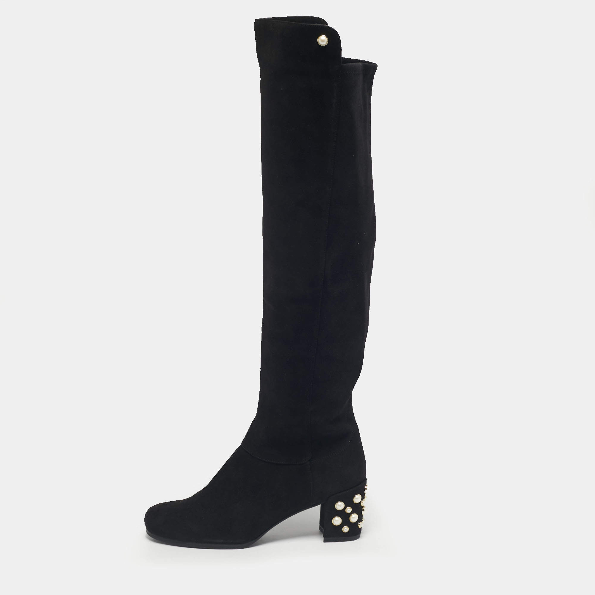 Pre Owned Stuart Weitzman Black Suede Pearl Studded Knee Length Boots Size 39