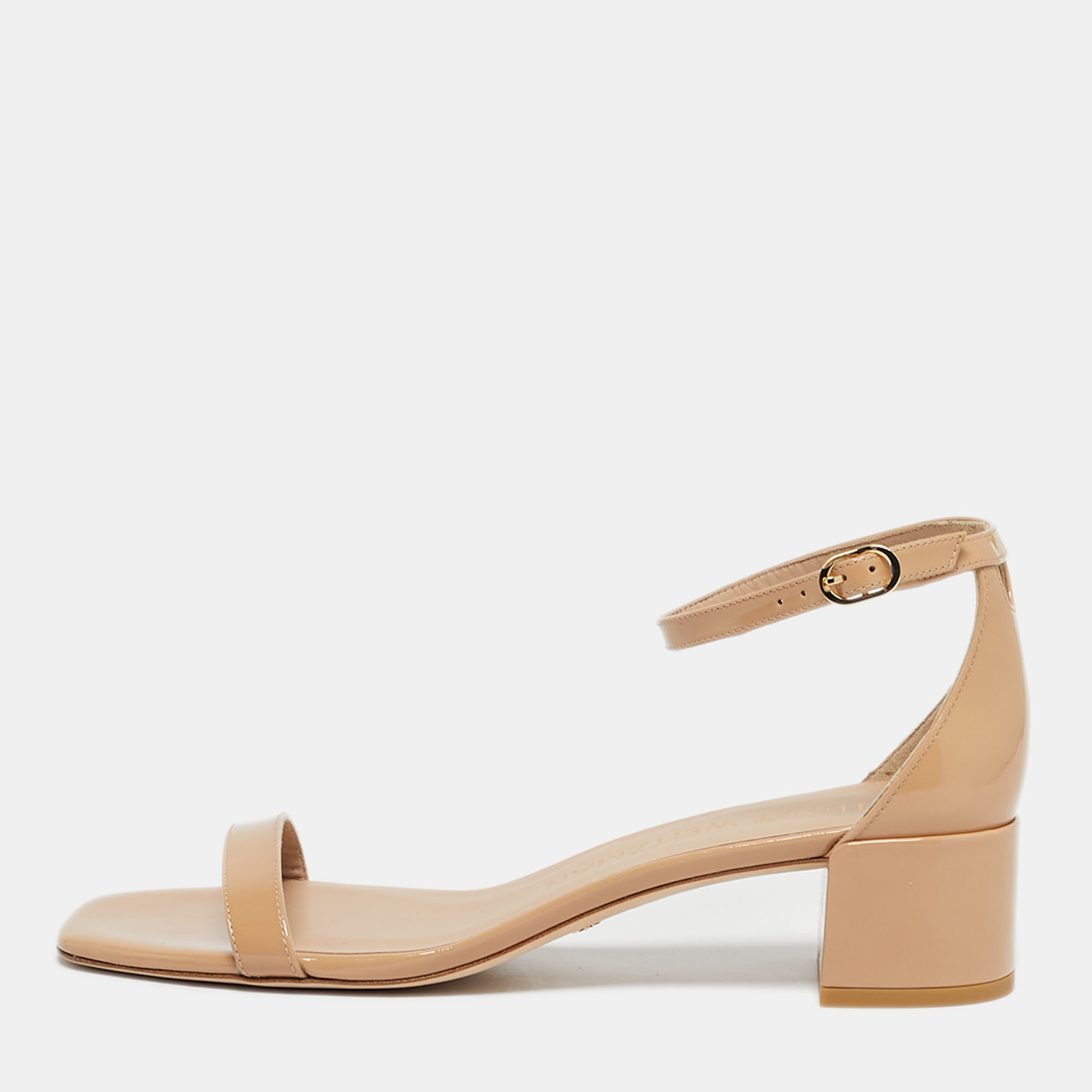 Pre Owned Stuart Weitzman Beige Leather Bambina Block Heel Ankle Strap Sandals Size 40