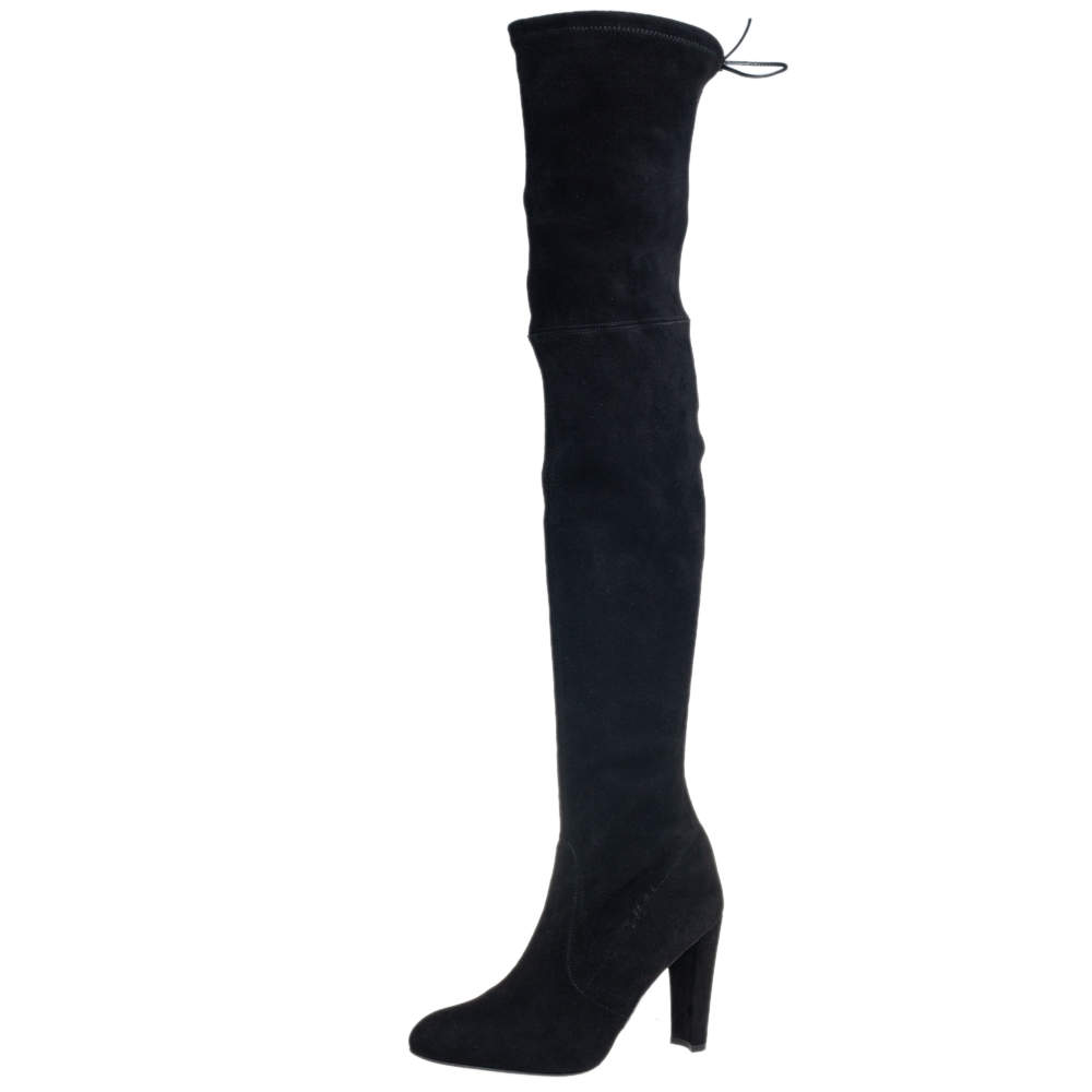 Pre Owned Stuart Weitzman Black Suede Leather Highland Over The Knee Boots Size 39.5