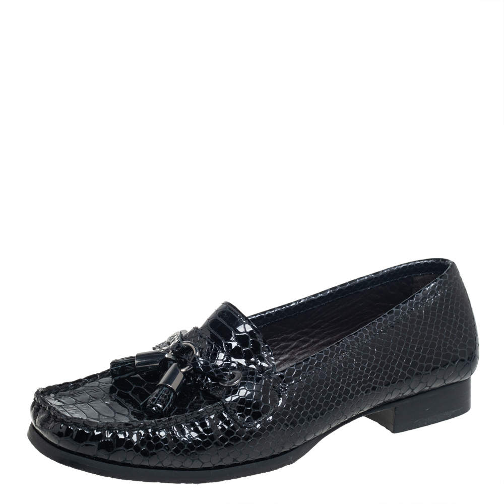 Stuart Weitzman Black Python Embossed Leather Tassel Loafers Size 37