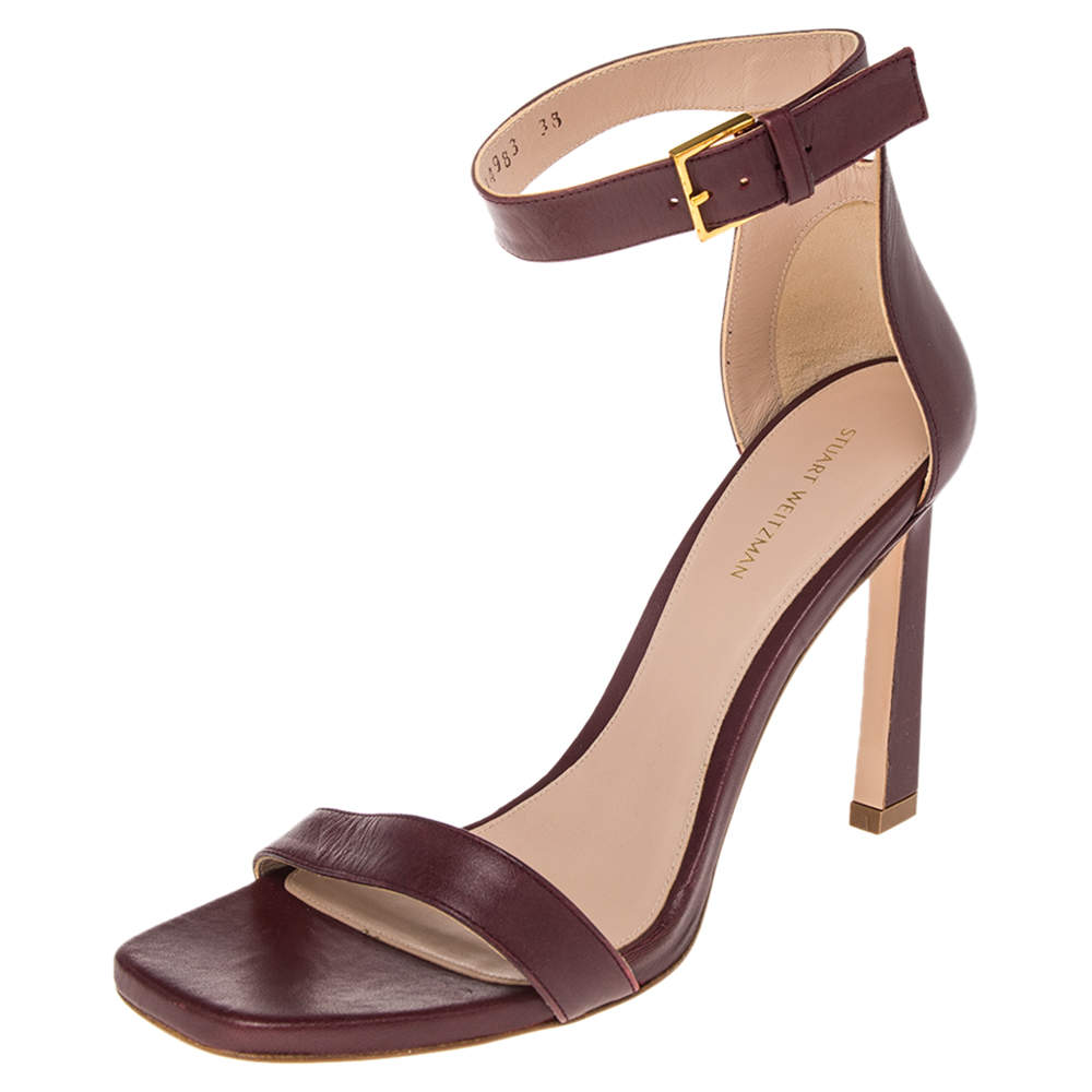 Pre Owned Stuart Weitzman Burgundy Leather Nudist  Sandals Size 38