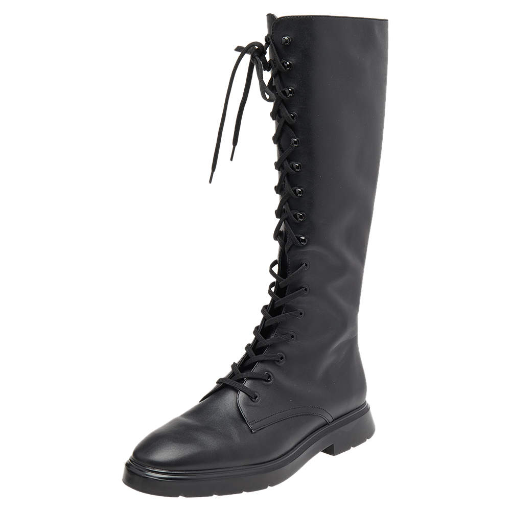 Stuart Weitzman Black Leather Knee Length Lace Up Boots Size 40