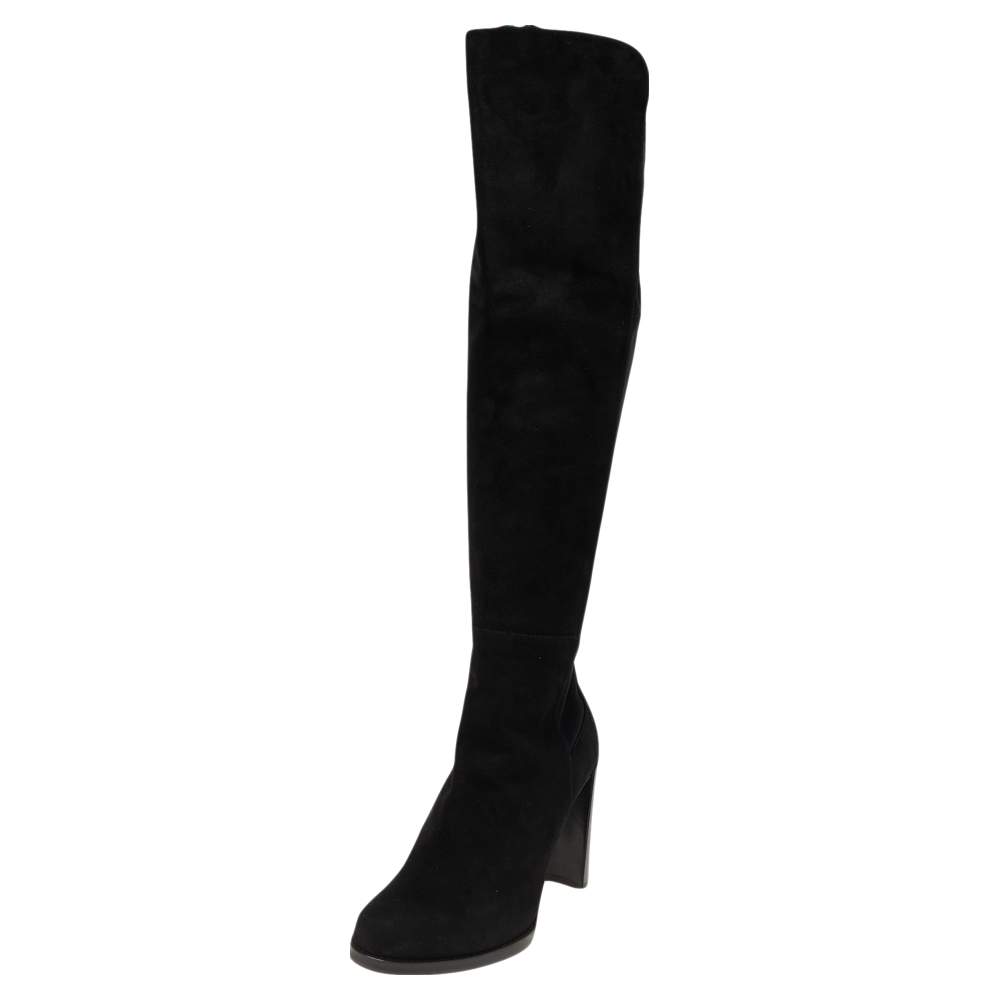 Pre Owned Stuart Weitzman Black Suede Hijack Knee Length Boots Size 37.5