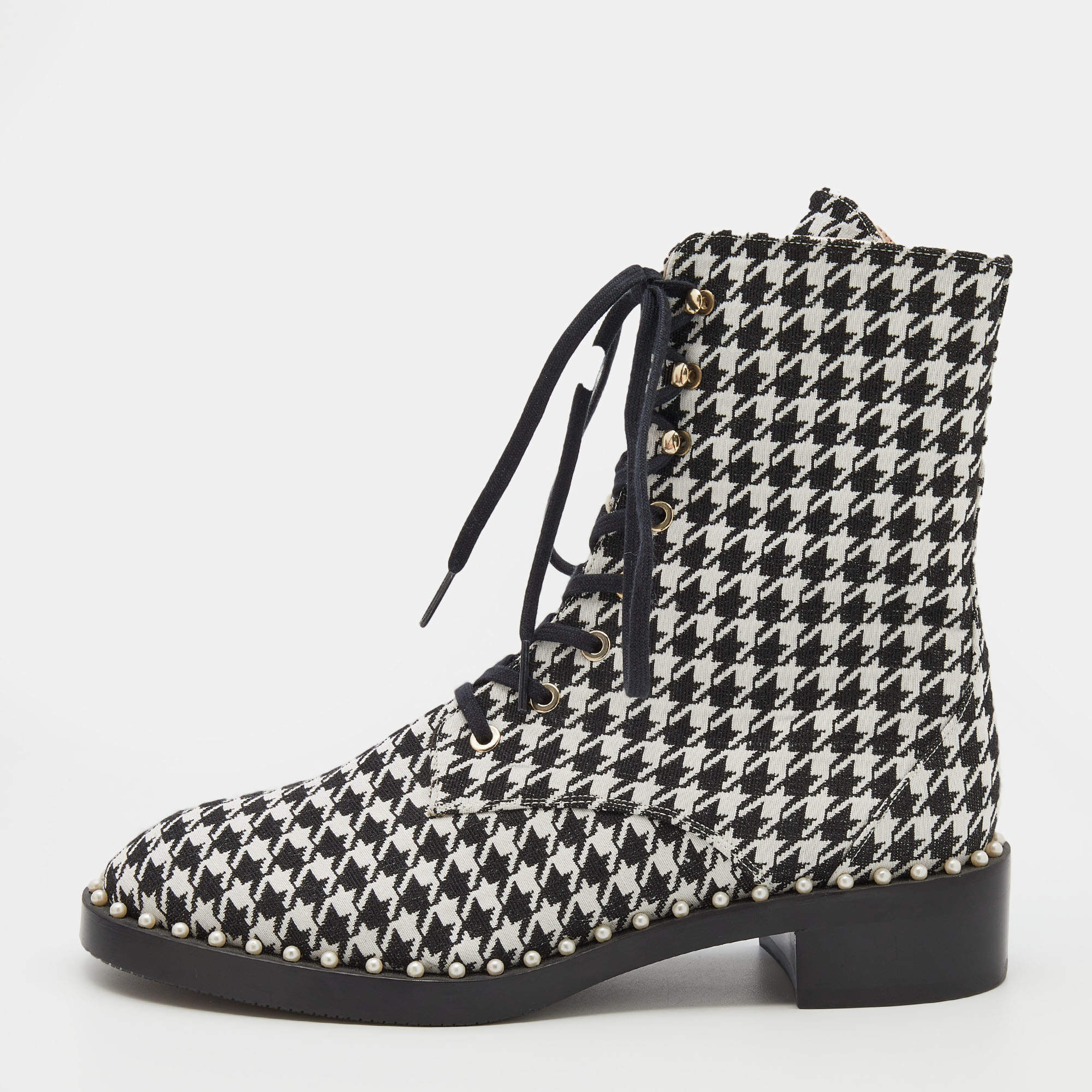 Stuart Weitzman Black/White Houndstooth Fabric Lace Up Ankle Length Boots Size 38.5
