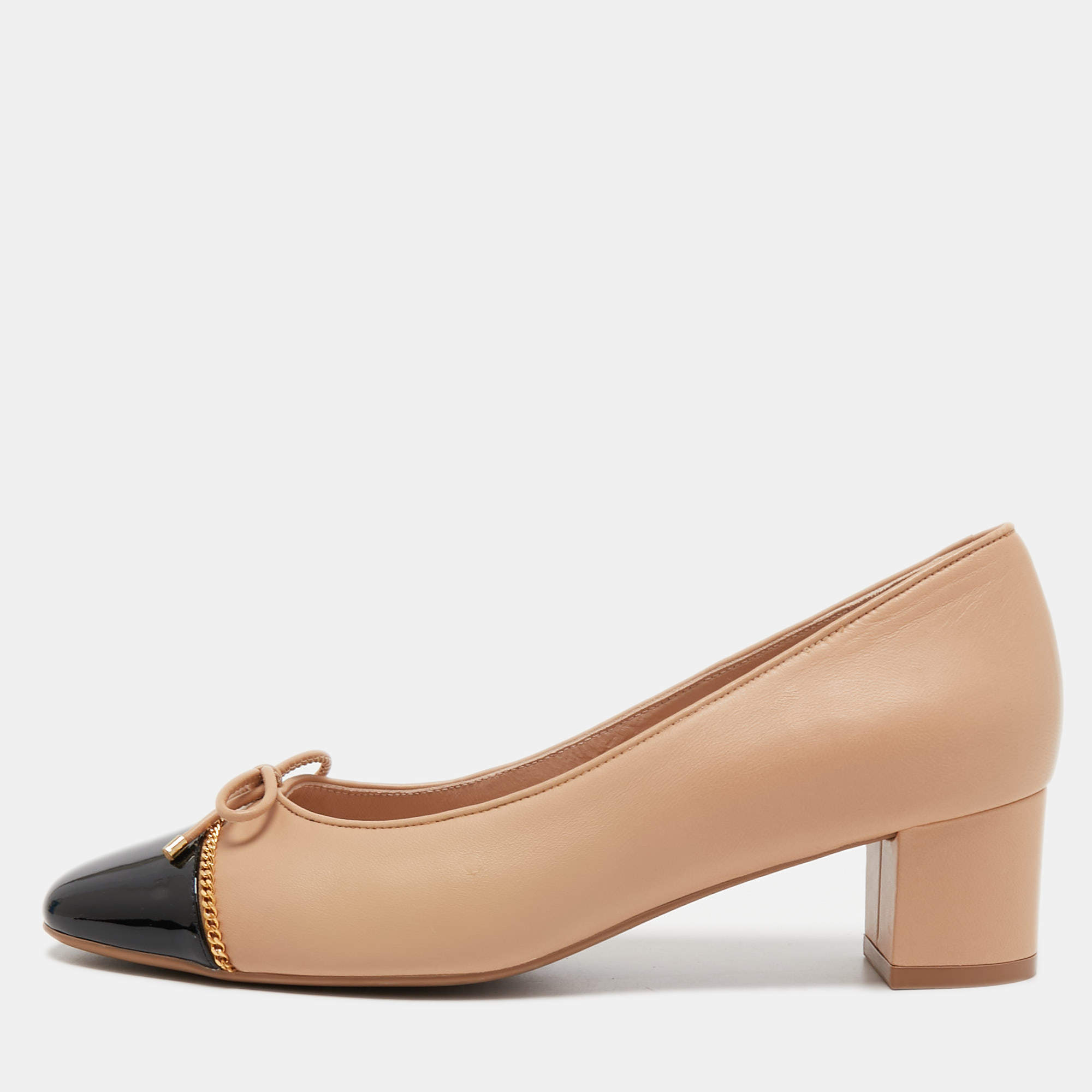 Stuart Weitzman Beige/Black Patent and Leather Block Heel Pumps Size 39.5
