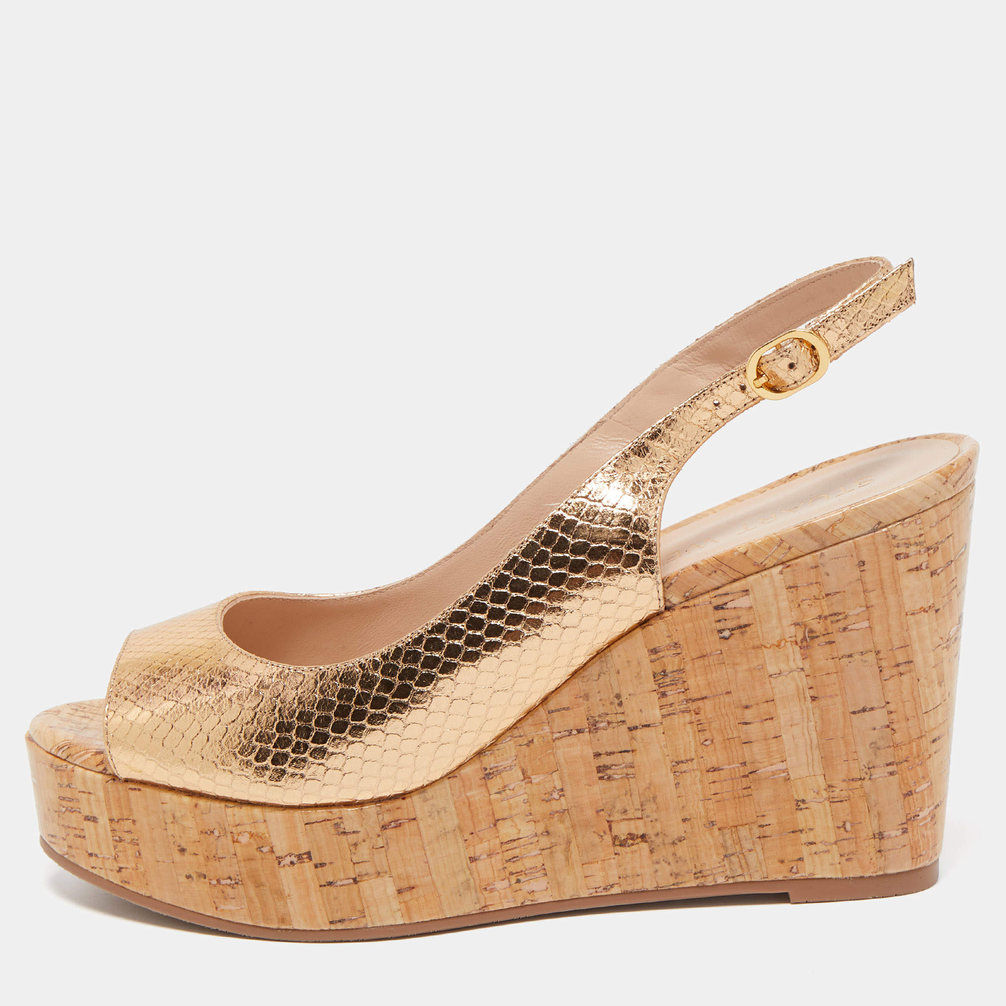 Stuart Weitzman Metallic Python Embossed Leather Cork Wedge Slingback Sandals Size 39.5