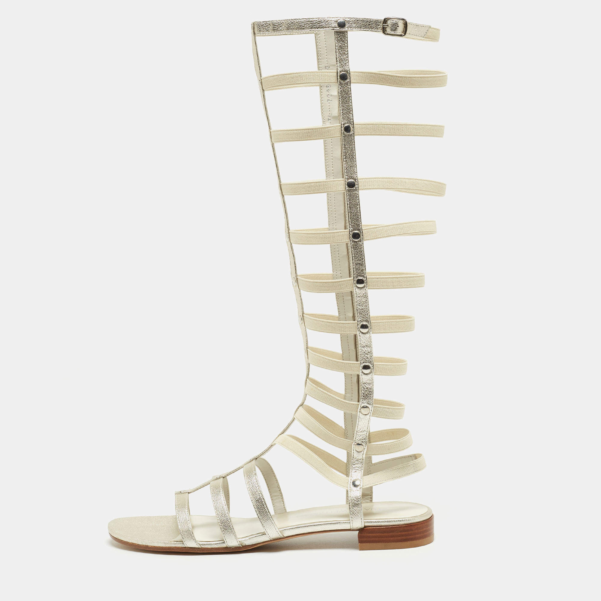 Pre Owned Stuart Weitzman Metallic White Leather and Elastic Gladiator Flat Sandals Size 40