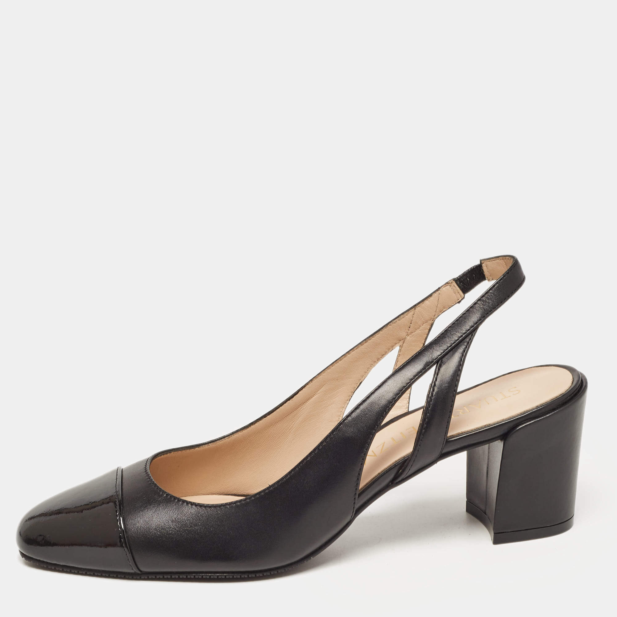Pre Owned Stuart Weitzman Black Leather and Patent Slingback Pumps Size 40  