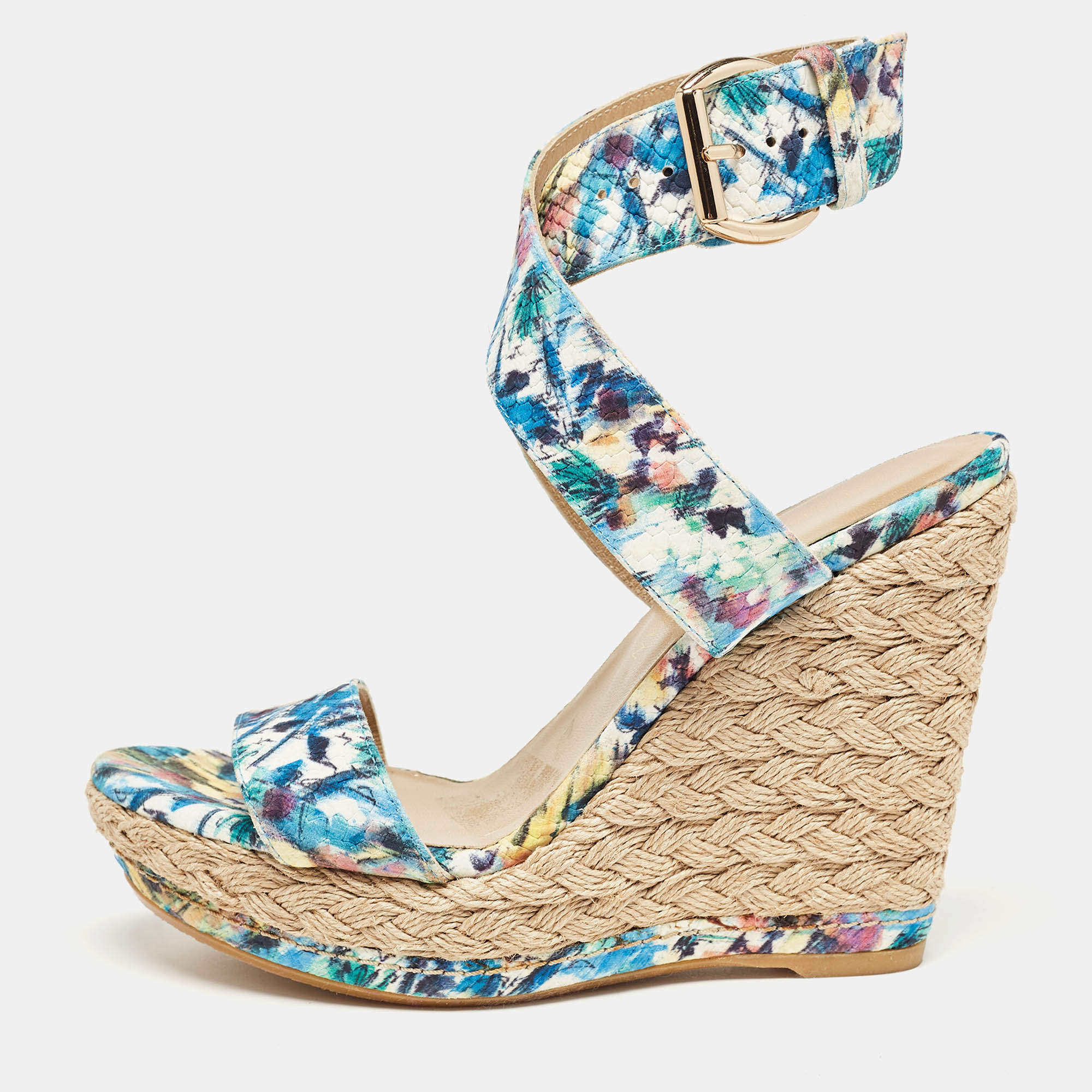 Stuart Weitzman Multicolor Python Embossed Wedge Sandals Size 37