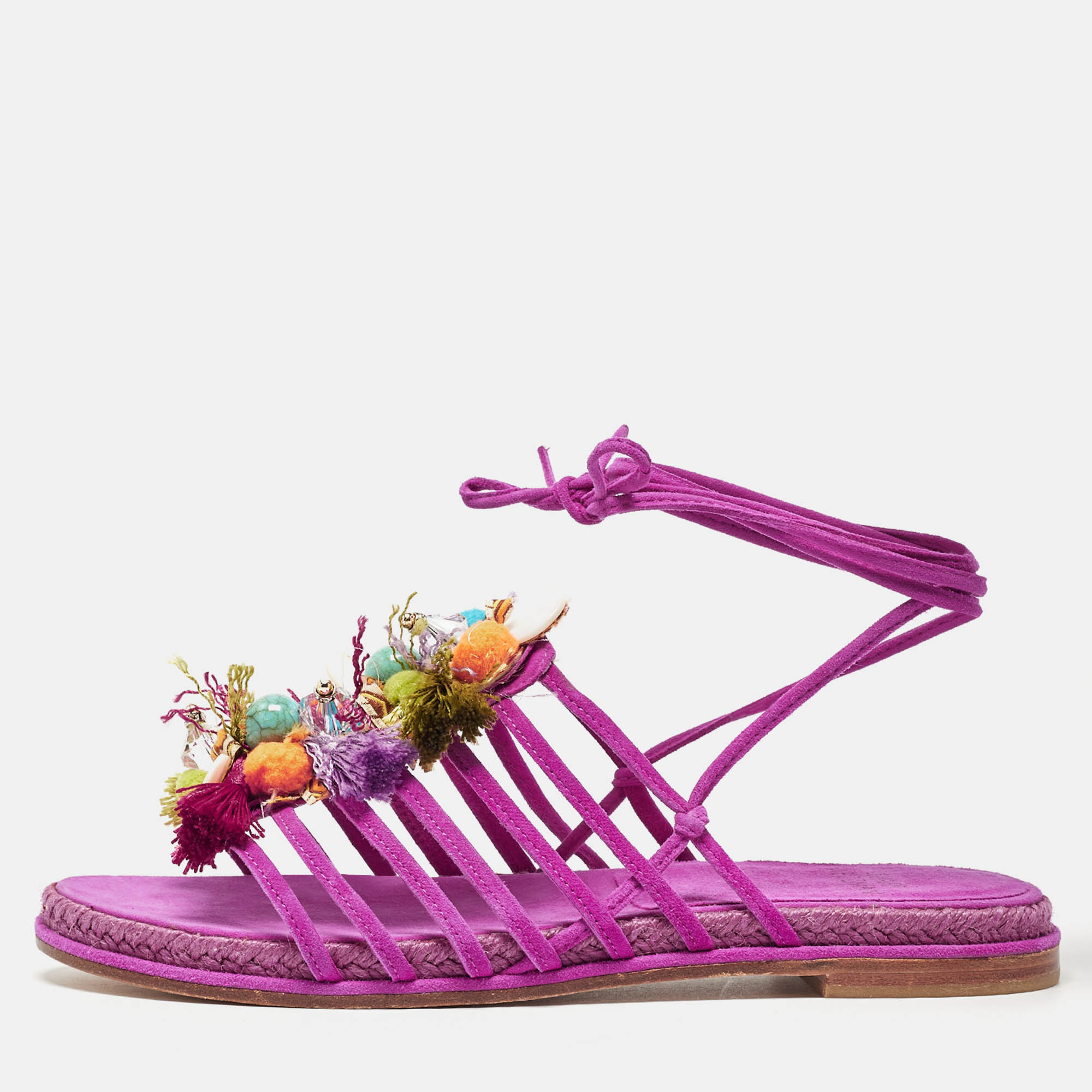 Stuart Weitzman Pink Suede Embellished Lace Up Slide Flats Size 36