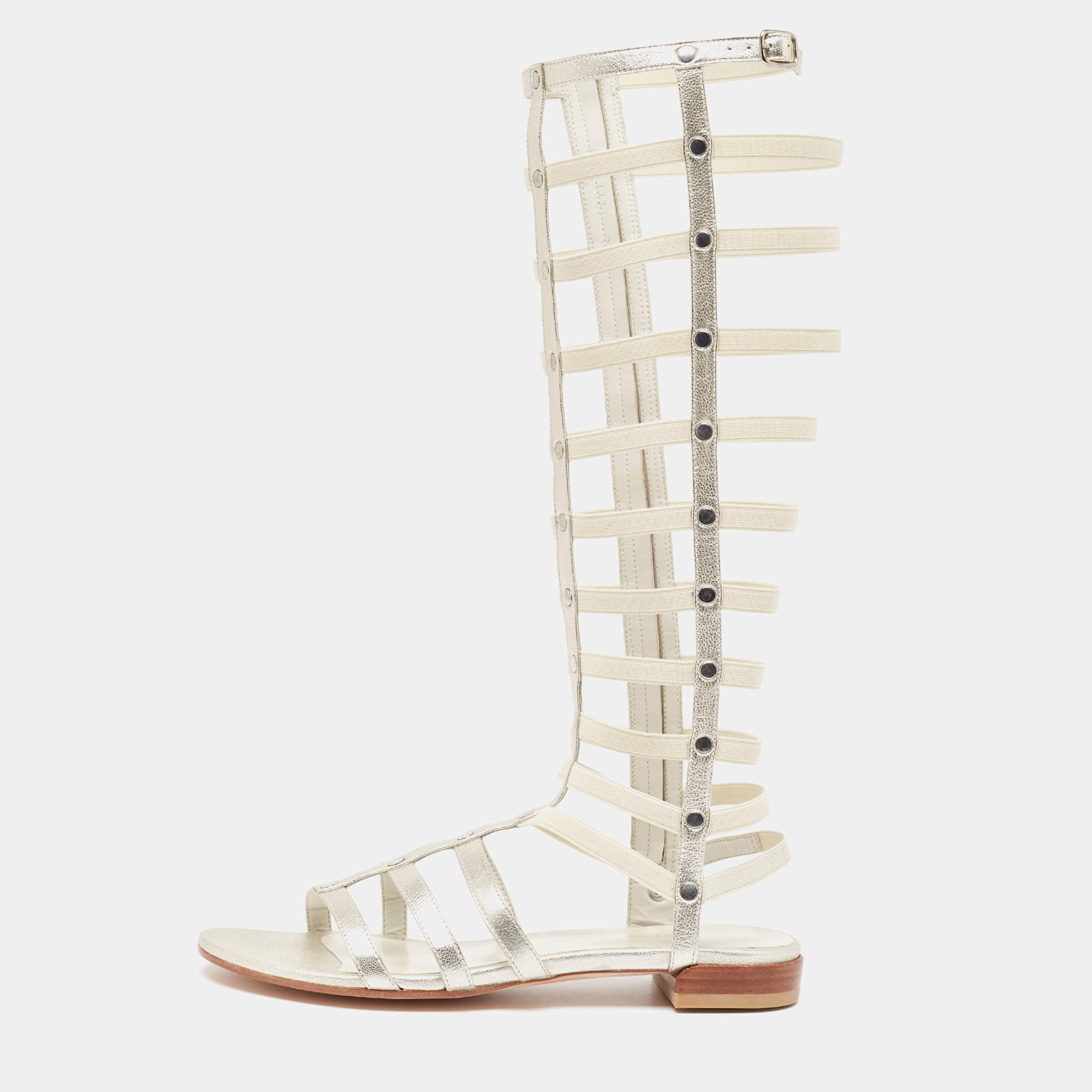 Stuart Weitzman Metallic Leather and Elastic Gladiator Flat Sandals Size 37