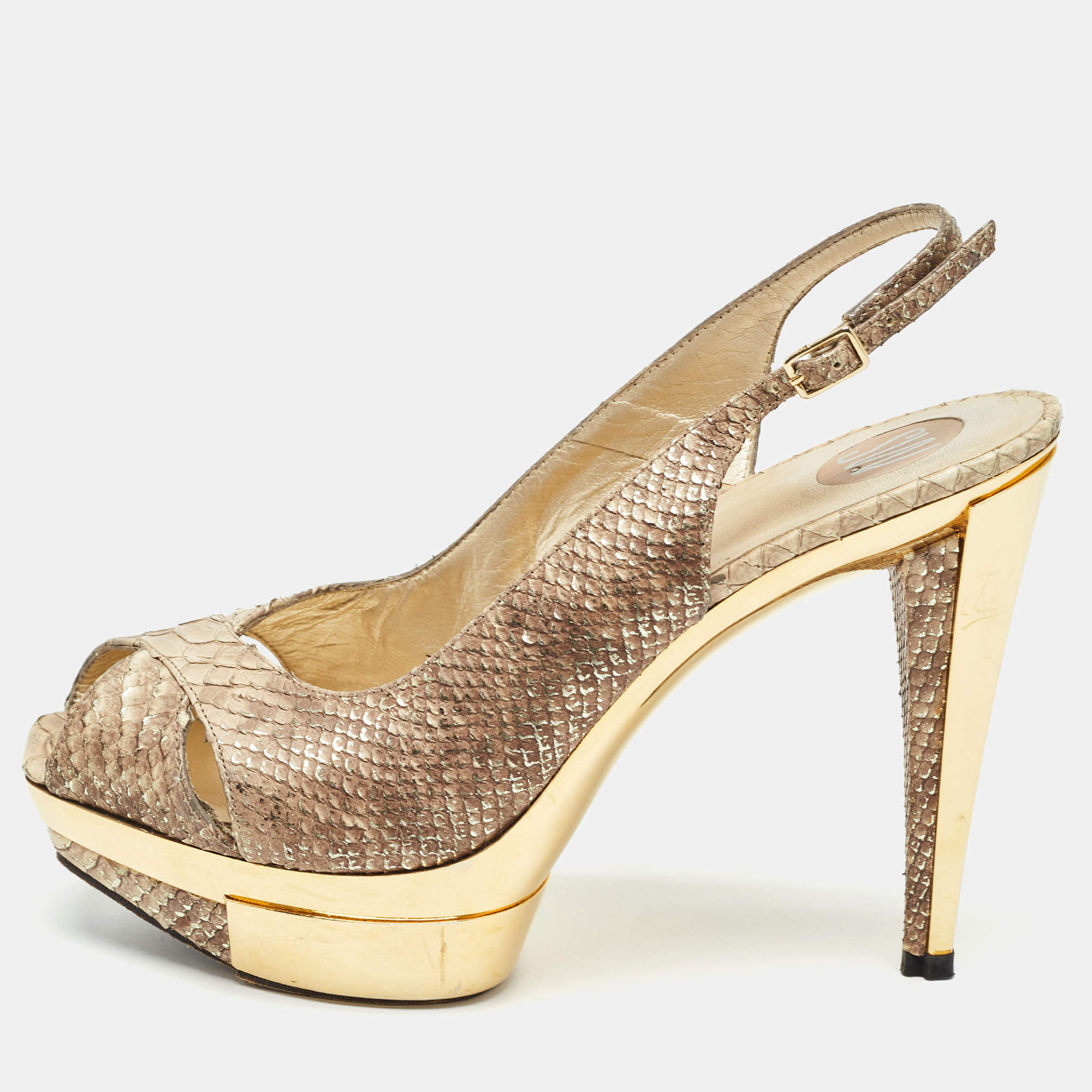 Stuart Weitzman Beige Python Embossed Leather  Slingback Pumps Size 38.5  