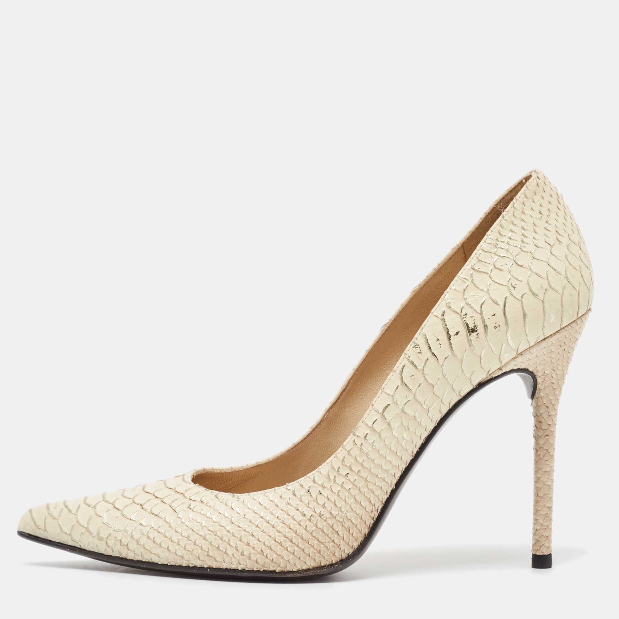 Stuart Weitzman Cream Embossed Python Pointed Toe Pumps Size 39