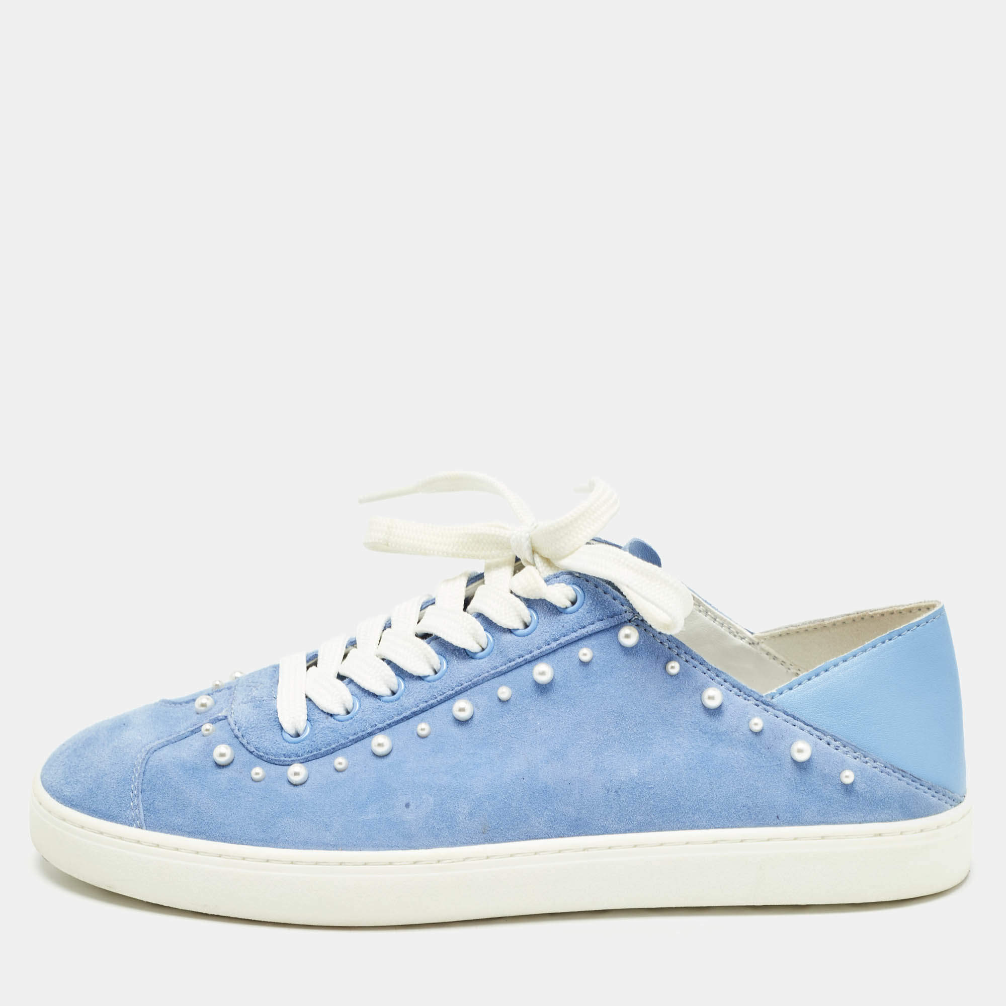 Stuart Weitzman Blue Suede Pear Embellished Lace Up Sneakers Size 39.5