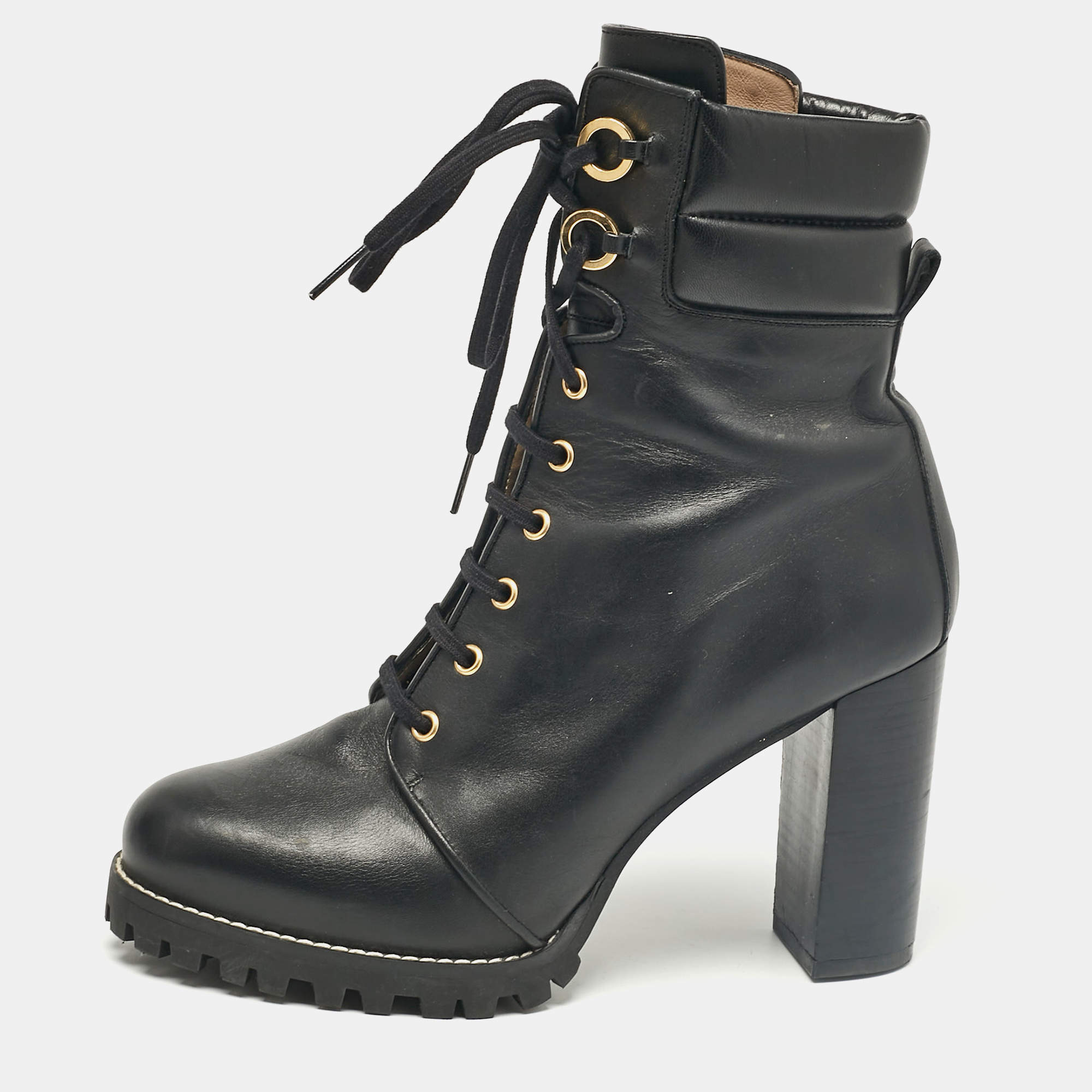 Pre Owned Stuart Weitzman Black Leather Ankle Length Boots Size 39.5