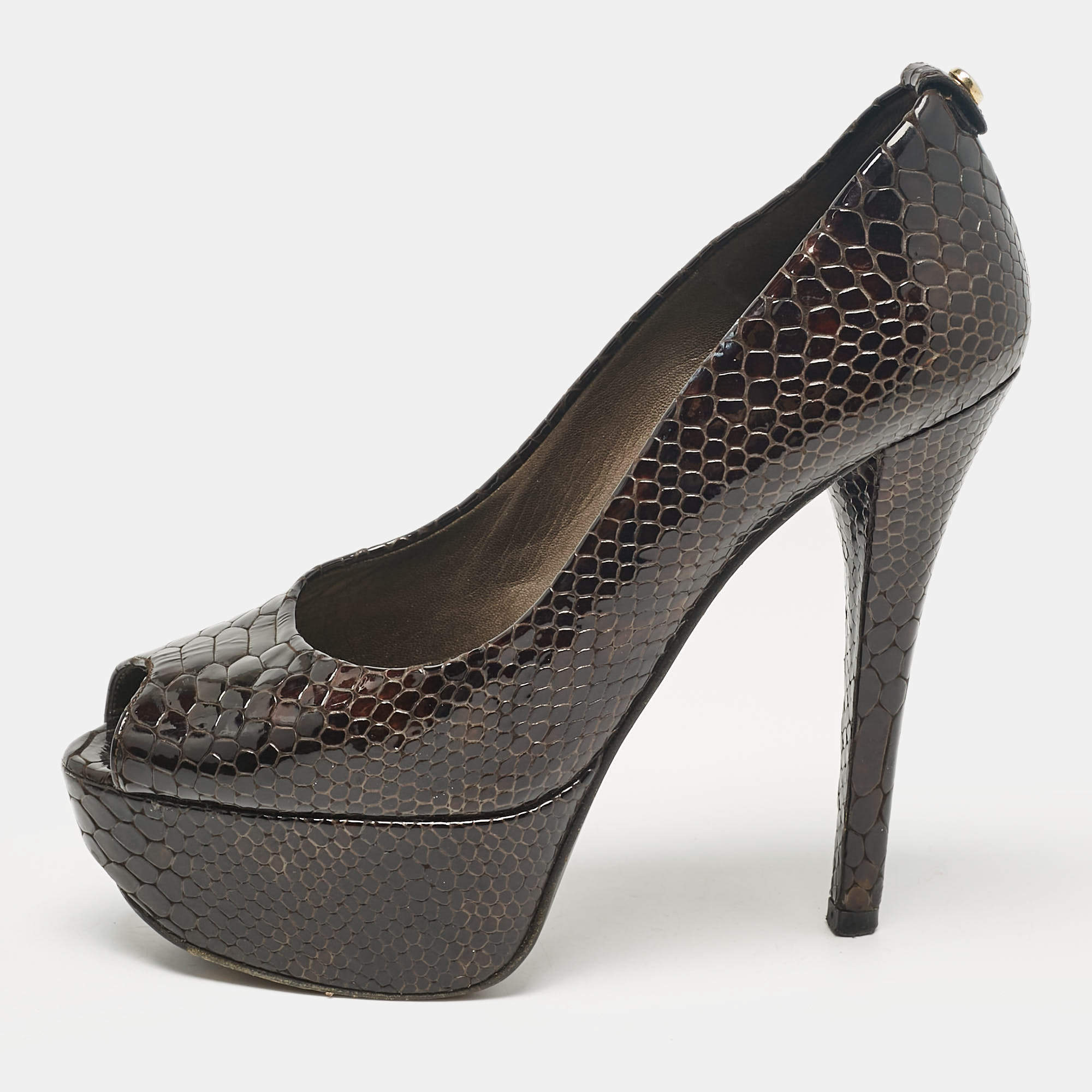 Stuart Weitzman Brown Croc Embossed Patent Leather Peep Toe Pumps Size 36.5