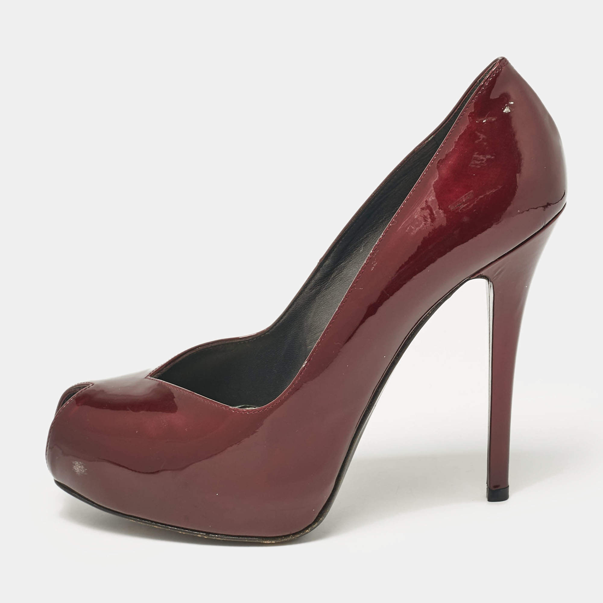 Stuart Weitzman Burgundy Patent Leather Peep Toe Pumps Size 39.5