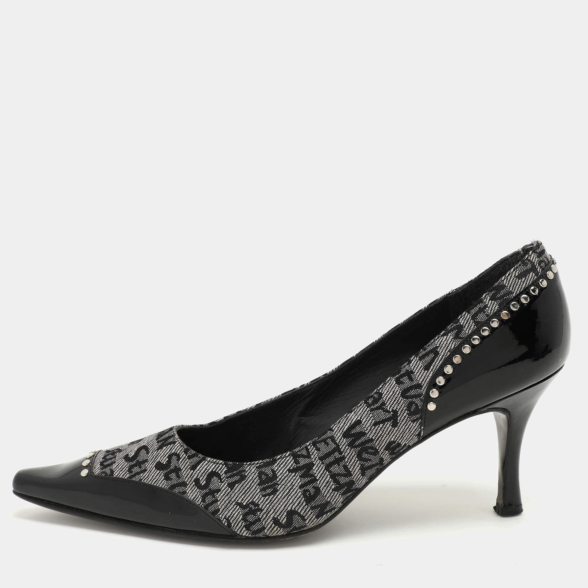 Stuart Weitzman Black/Grey Signature Canvas and Patent Leather Embellished Pumps Size 39.5