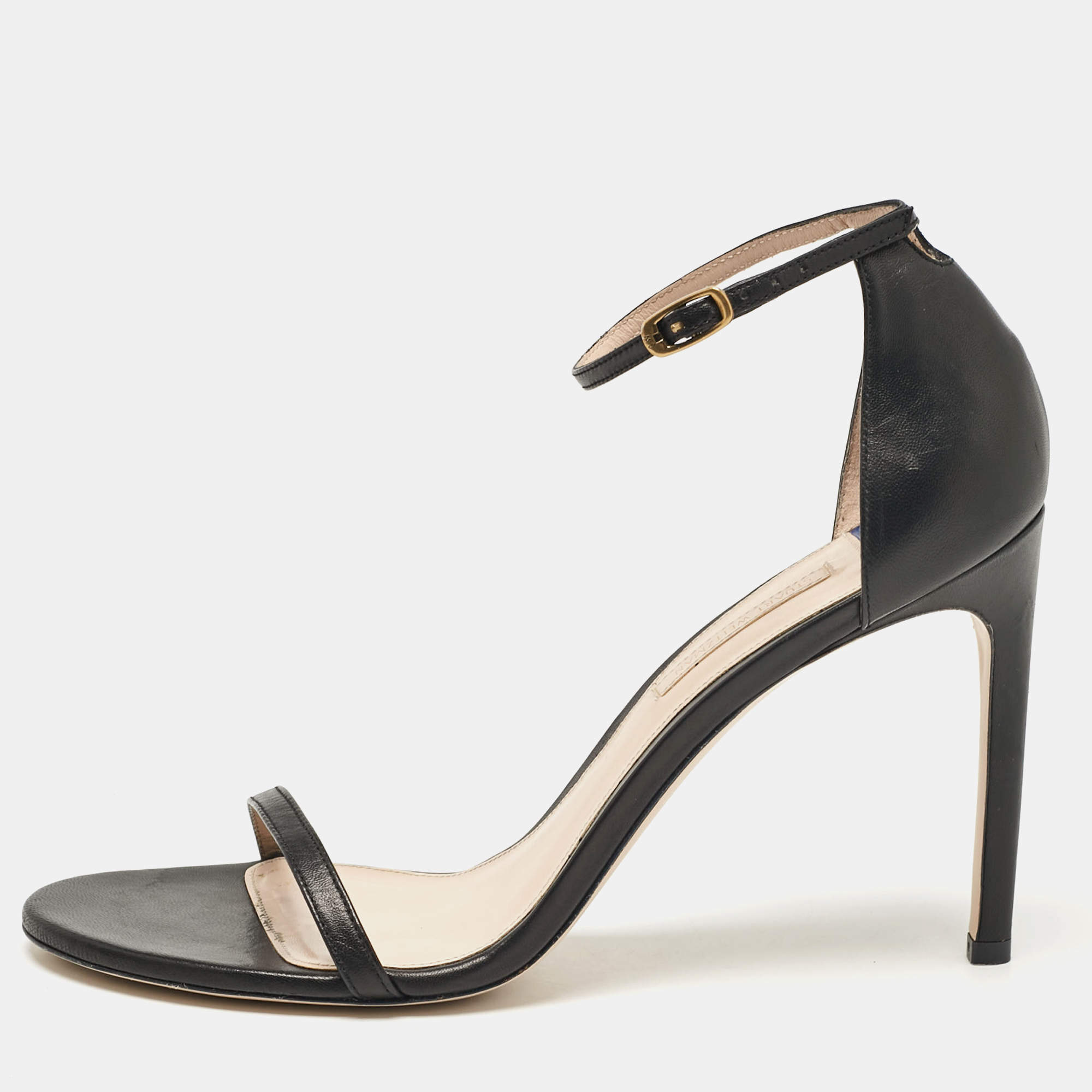 Stuart Weitzman Black Leather Nudistrong Ankle Strap Sandals Size 43.5